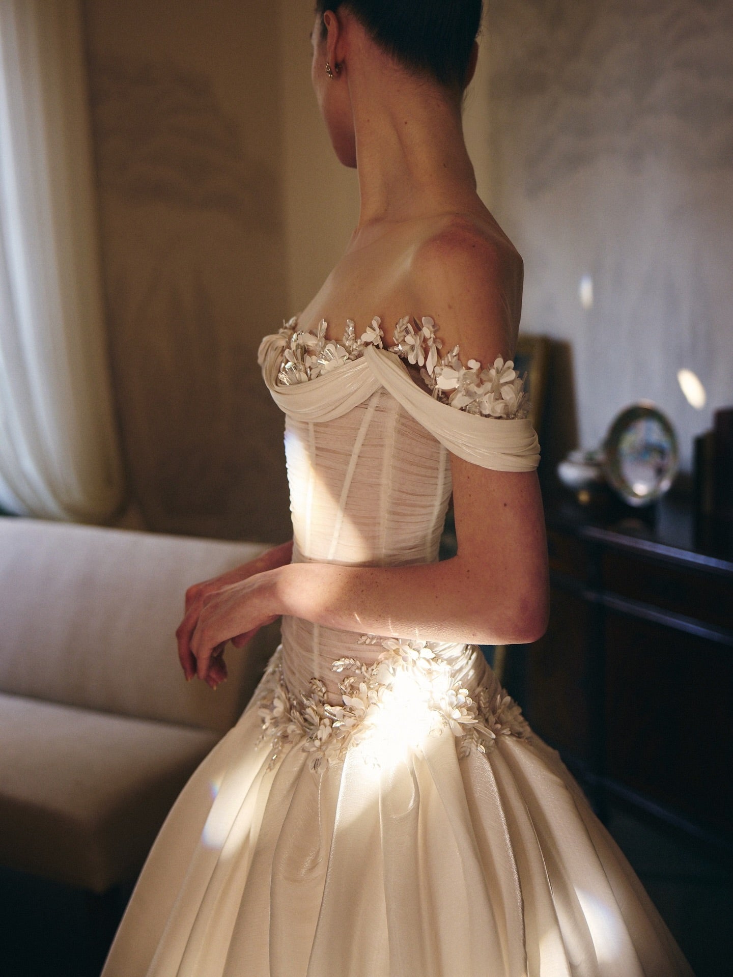 Off-the-Shoulder Corset Ball Gown Wedding Dress with Floral SW229 Sheer Fairy