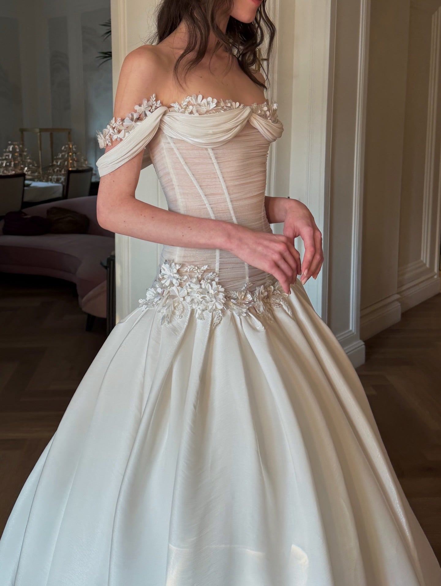 Off-the-Shoulder Corset Ball Gown Wedding Dress with Floral SW229 Sheer Fairy