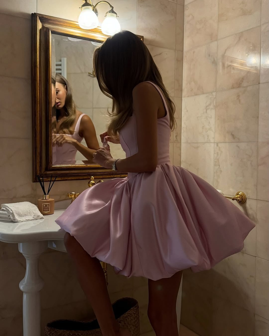 Pink Off-Shoulder Satin Mini Short Homecoming Dress RM202 Sheer Fairy