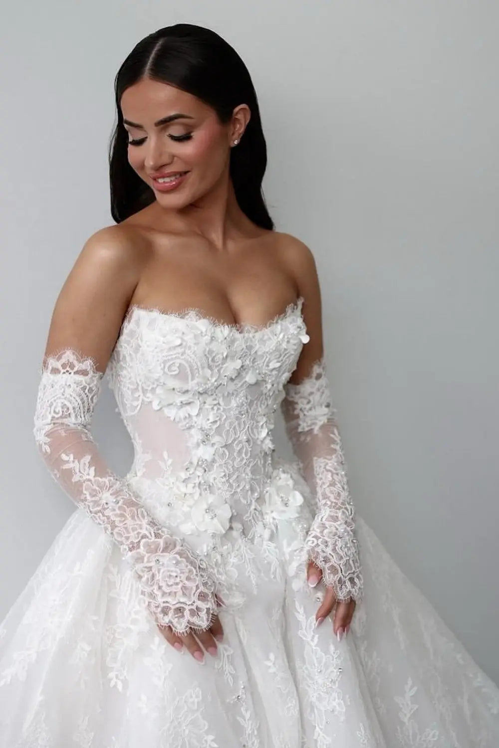 Modern Romantic Strapless Lace Ball Gown Wedding Dress SW594 Sheer Fairy