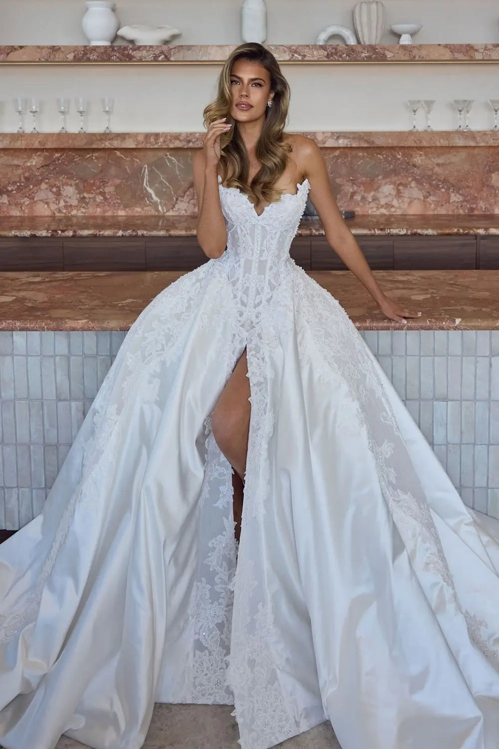 Sweetheart Strapless Satin Ball Gown Wedding Dress with High Slit SW590 Sheer Fairy