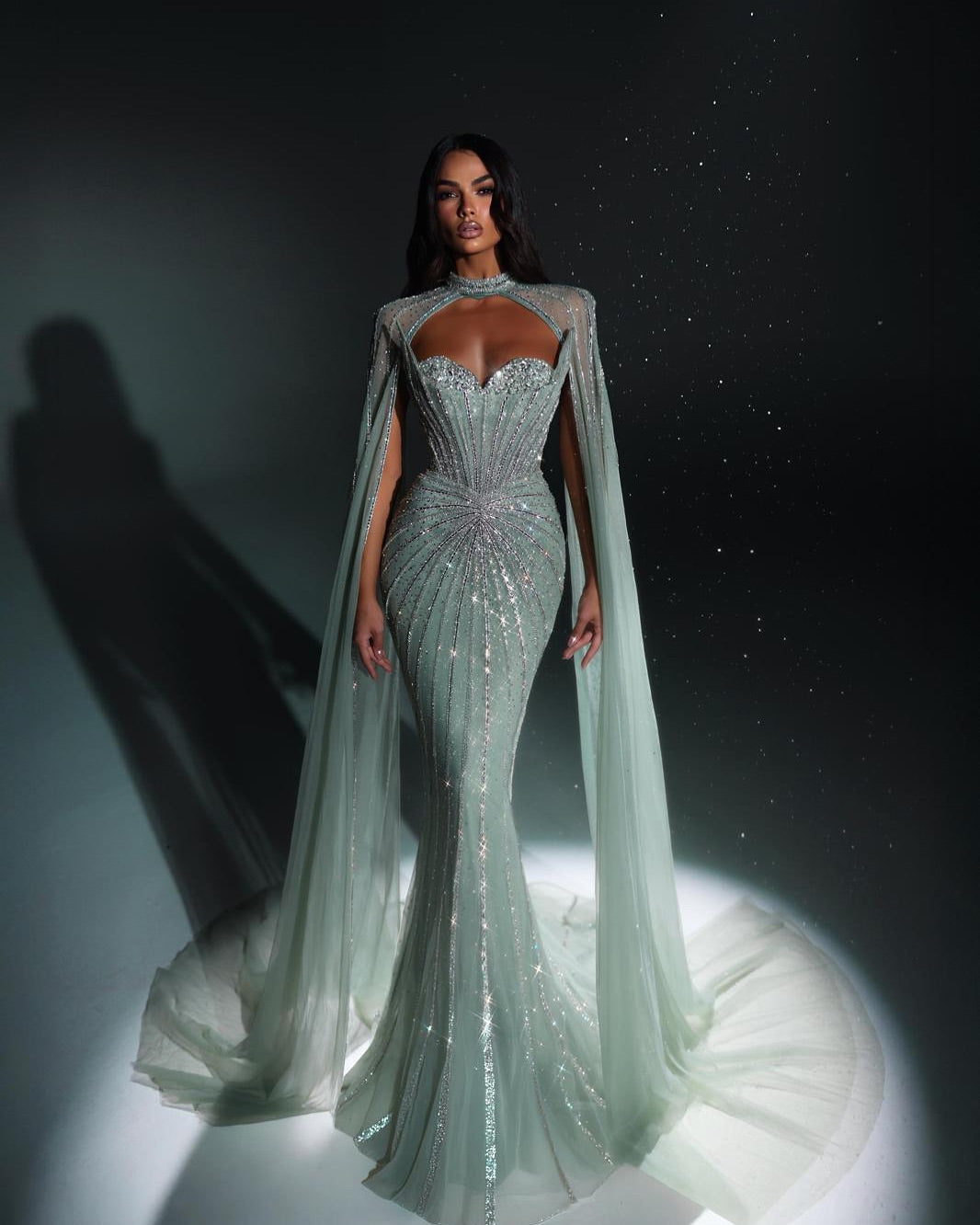 Luxury Mint Green Beaded Mermaid Evening Dress with Cape SS156 Sheer Fairy