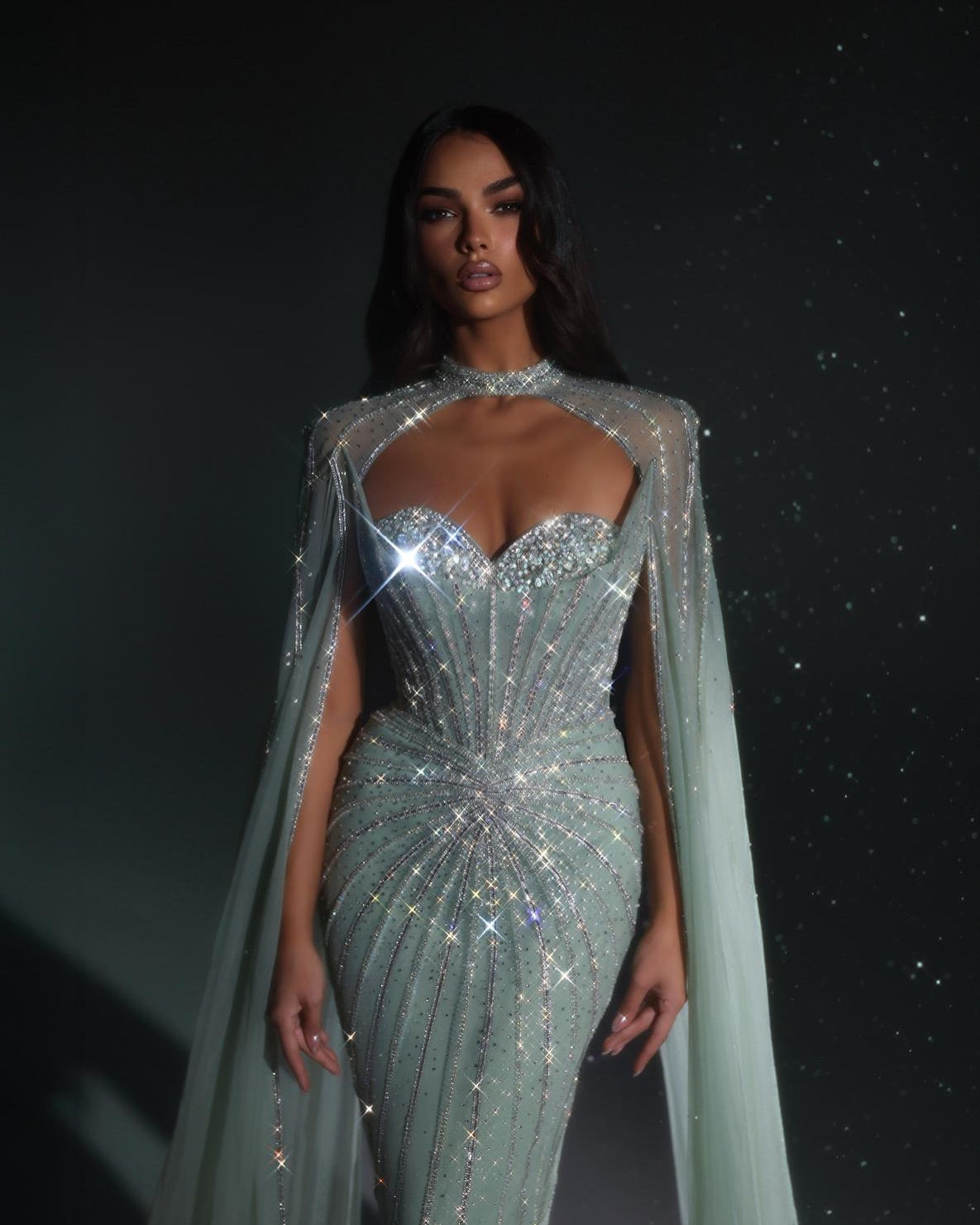 Luxury Mint Green Beaded Mermaid Evening Dress with Cape SS156 Sheer Fairy