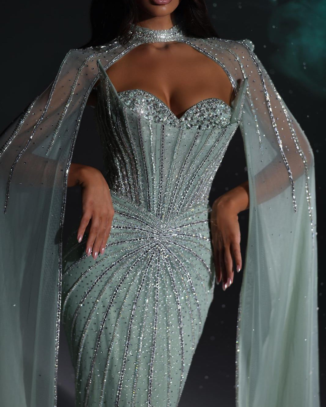 Luxury Mint Green Beaded Mermaid Evening Dress with Cape SS156 Sheer Fairy
