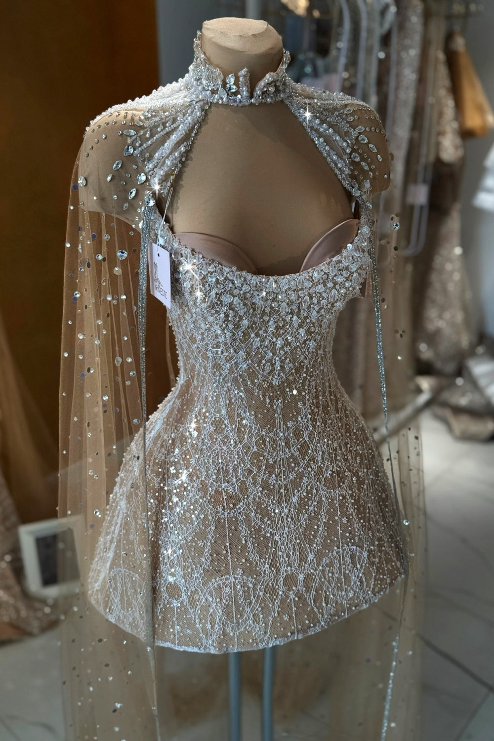Elegant Beaded Halter Mini Wedding Dress with Cape and Sleeve protectors SW236 Sheer Fairy