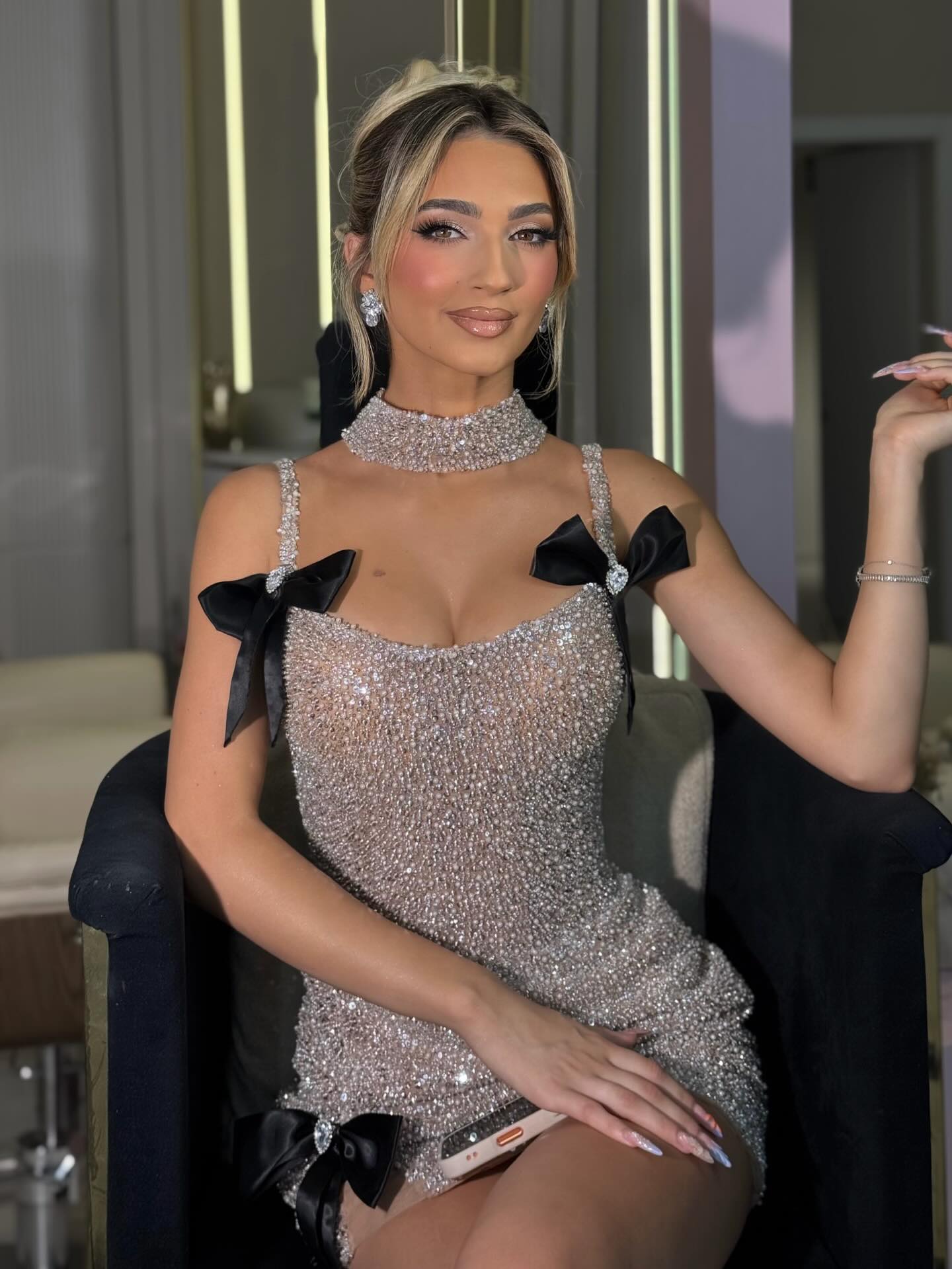 Silver Luxury Full Rhinestone Spaghetti Strap  with Black Satin Bows Homecoming Dress  RM240 Sheer Fairy