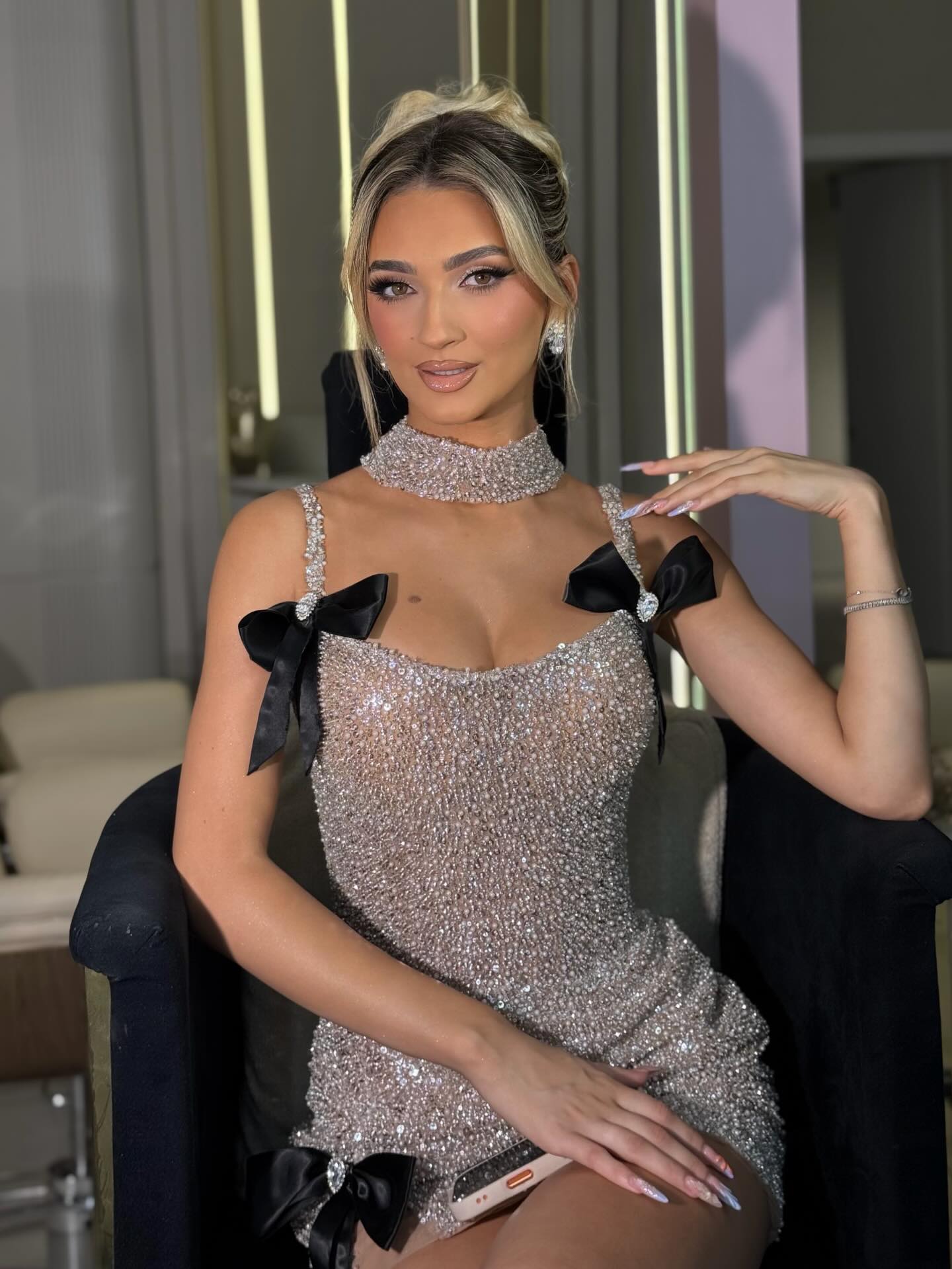 Silver Luxury Full Rhinestone Spaghetti Strap  with Black Satin Bows Homecoming Dress  RM240 Sheer Fairy