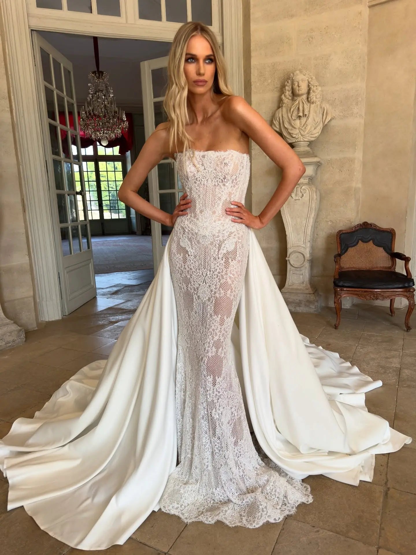 Strapless Lace Mermaid Wedding Dress with Detachable Overskirt SW226 – SHEER FAIRY
