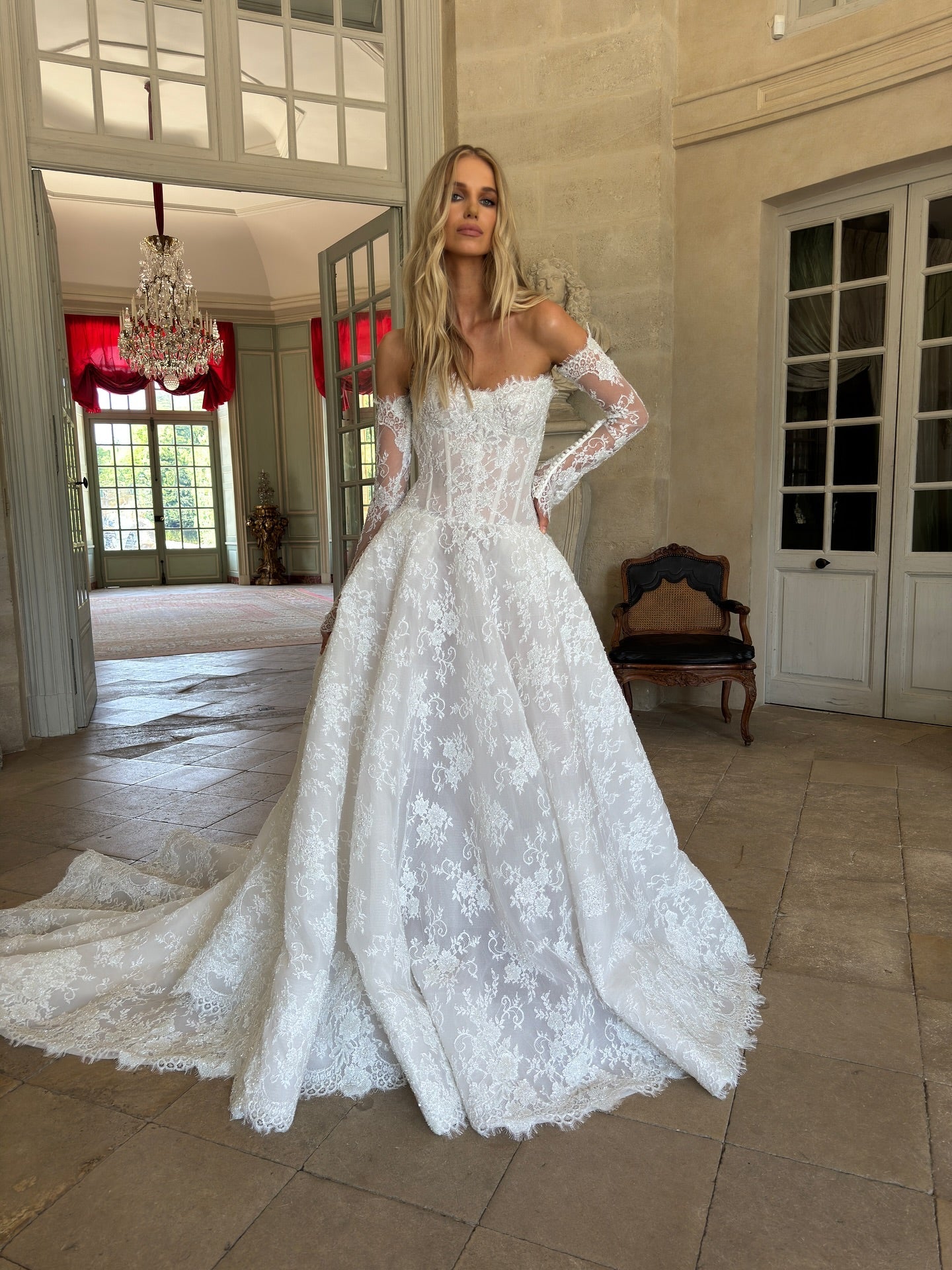 Off-the-Shoulder Long Lace Sleeve Ball Gown Wedding Dress with Sheer Corset SW225 Sheer Fairy