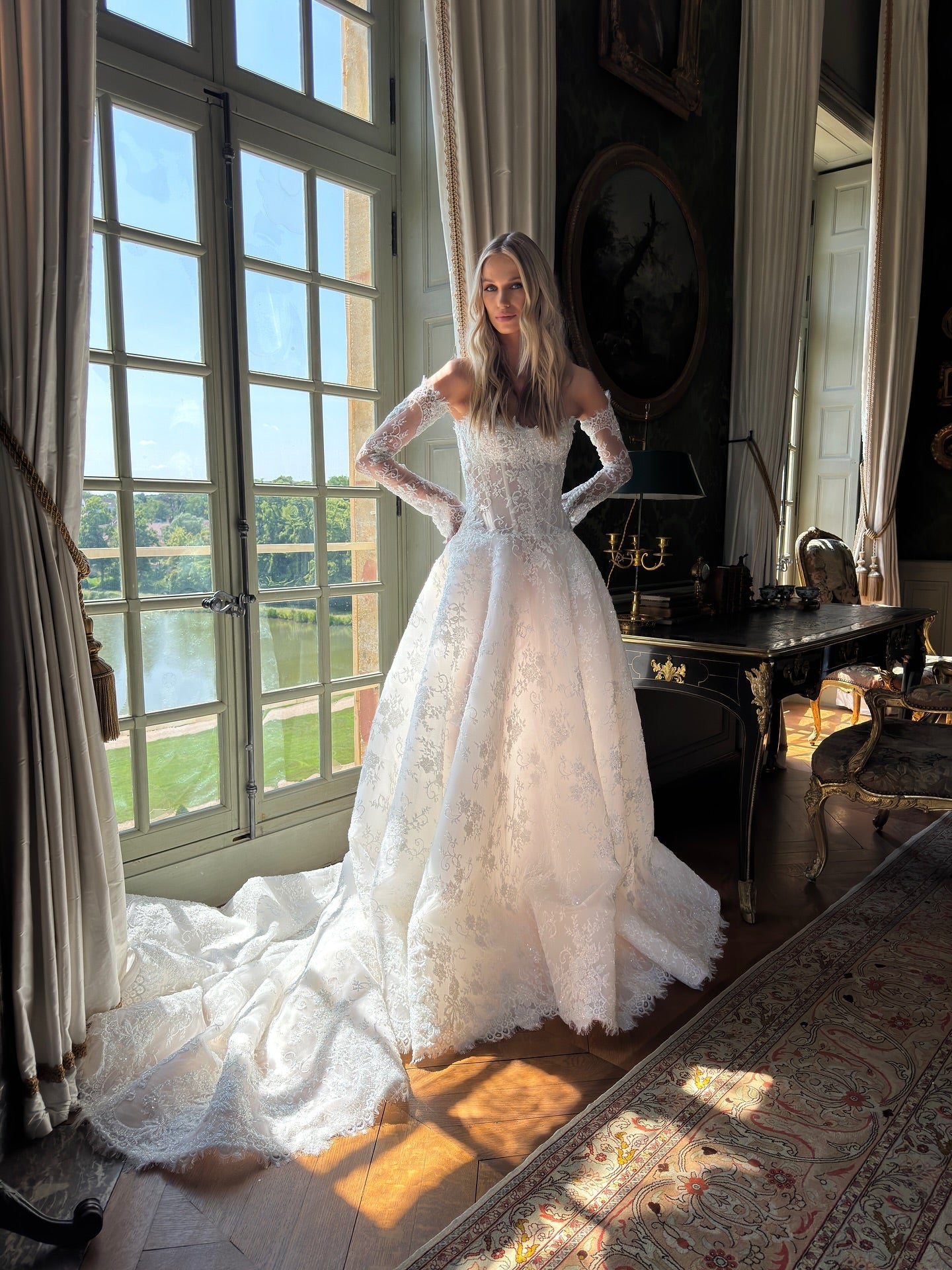 Off-the-Shoulder Long Lace Sleeve Ball Gown Wedding Dress with Sheer Corset SW225 Sheer Fairy