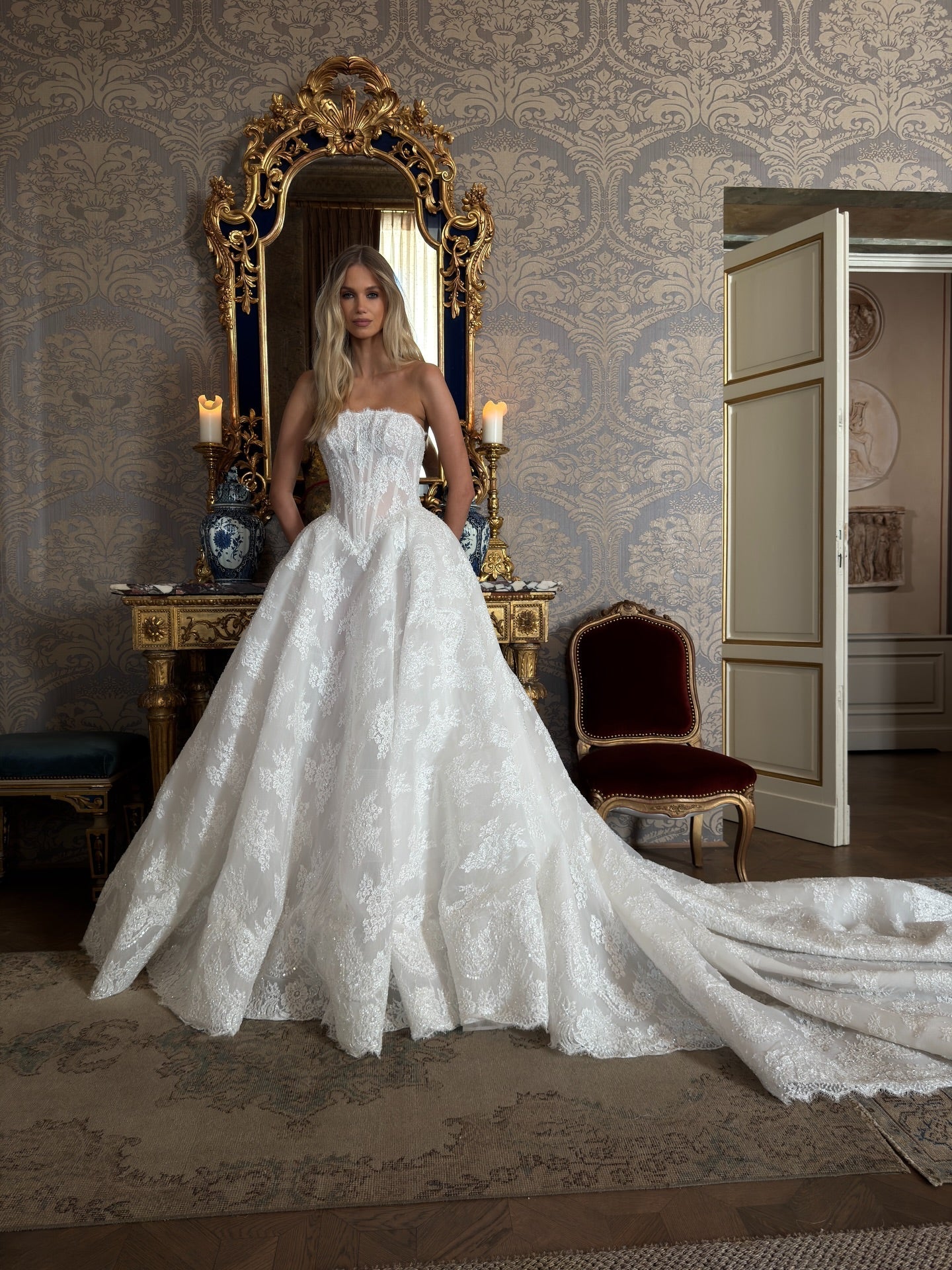 Illusion Corset Bodice with Appliqué Tulle Chapel Train SW214 Sheer Fairy