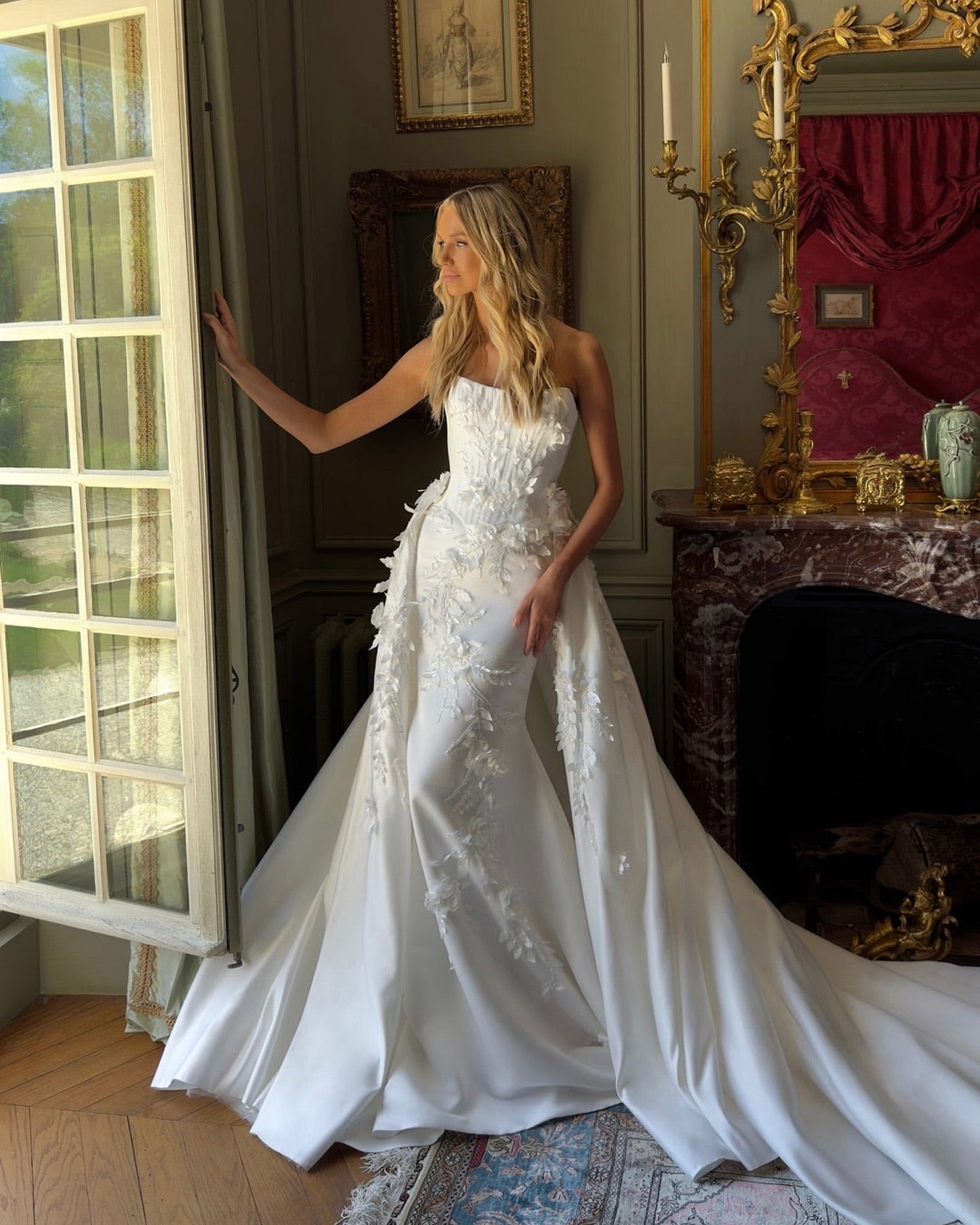 Strapless 3D Floral Satin Mermaid Wedding Dress with Detachable Overskirt SW222 Sheer Fairy