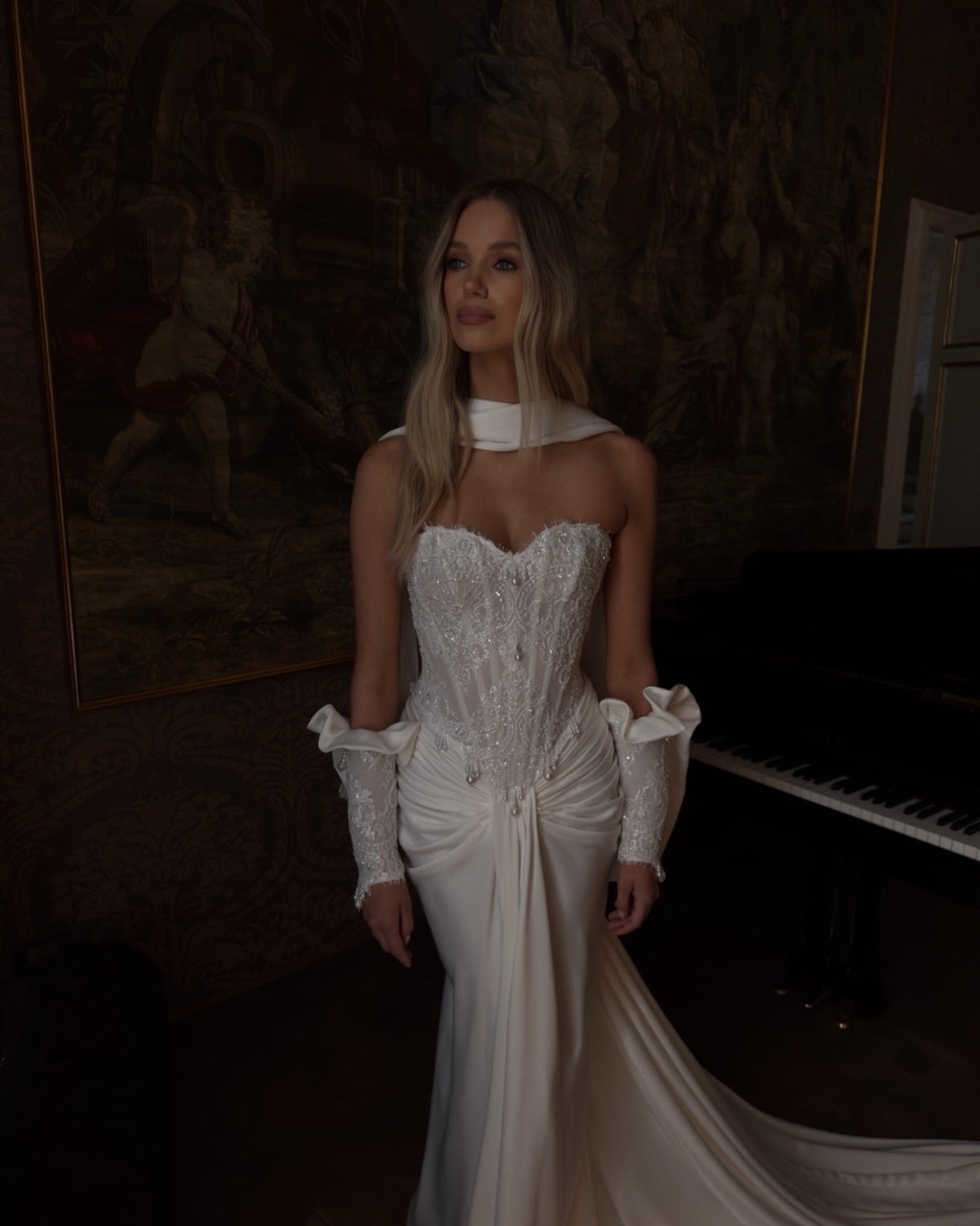Detachable Cape Sleeves Lace Corset Mermaid Wedding Dress with High Slit Scarf SW219 Sheer Fairy