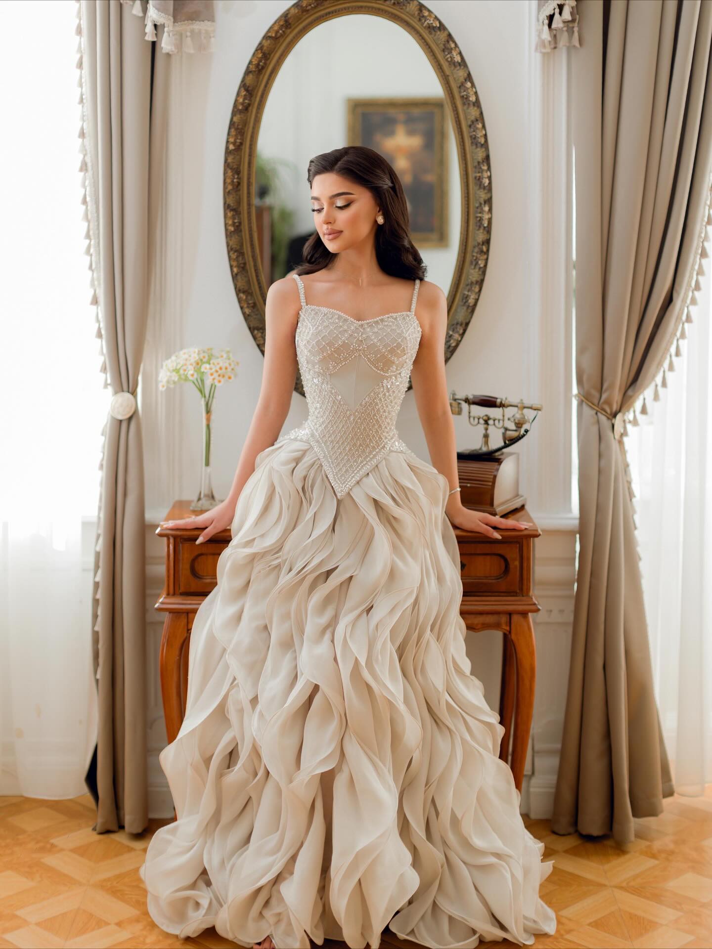 Beige Beaded Corset Evening Dress with Cascading Ruffle Skirt SS257 Sheer Fairy