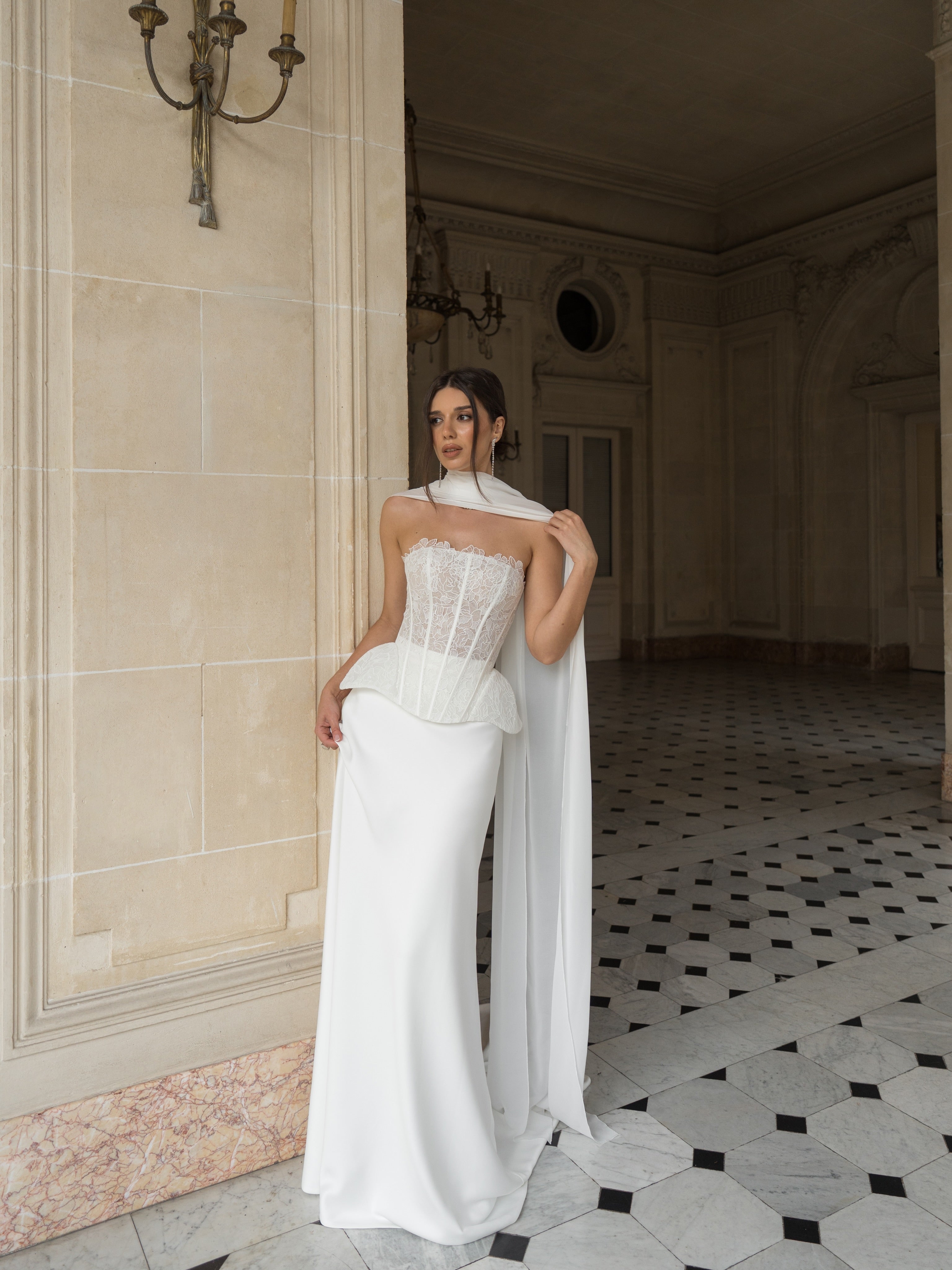 Lace Strapless Corset Wedding Dress with Scarf SW241 Sheer Fairy