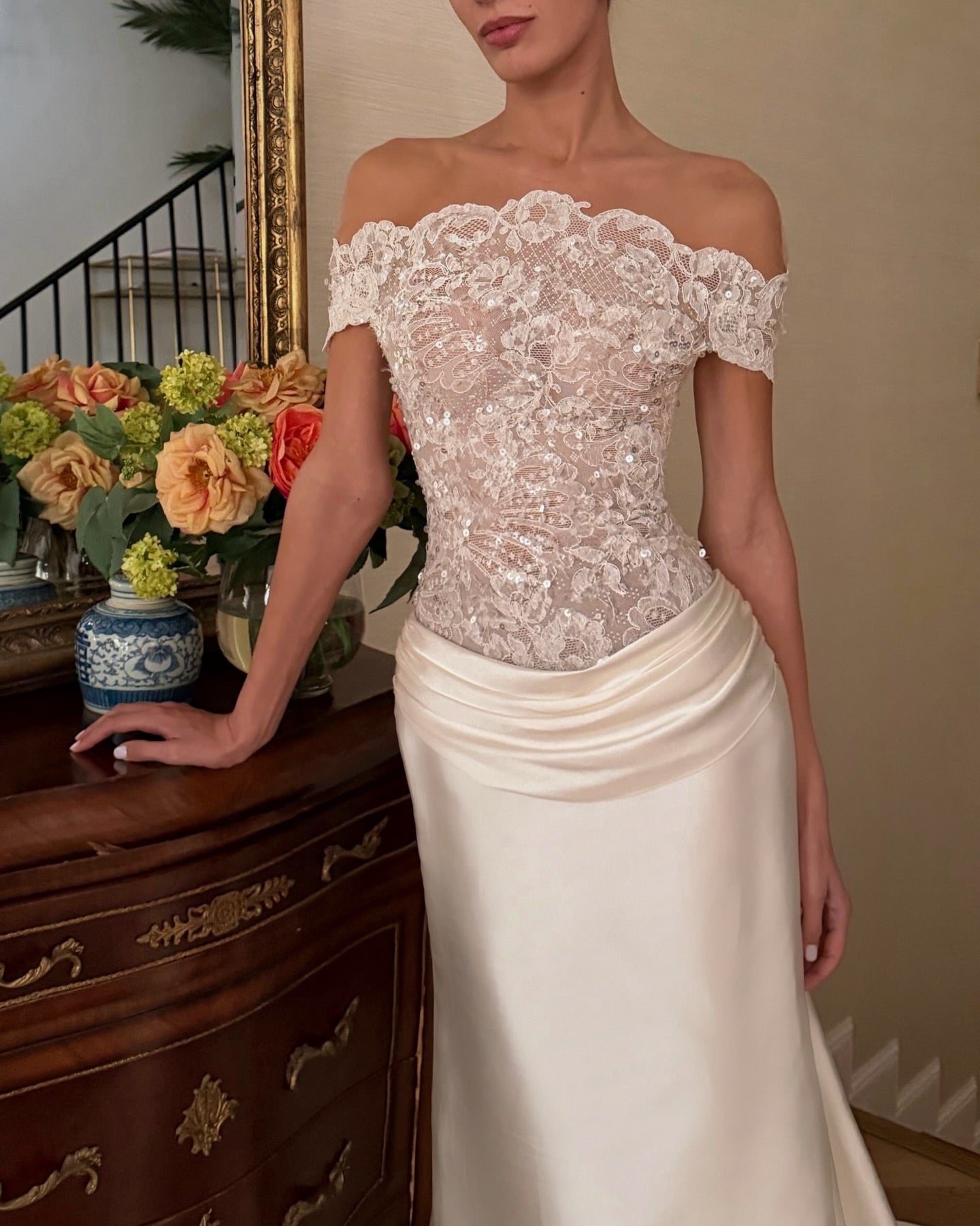Off-the-Shoulder Lace & Satin Mermaid Wedding Dress with Train & Veil SW231 Sheer Fairy
