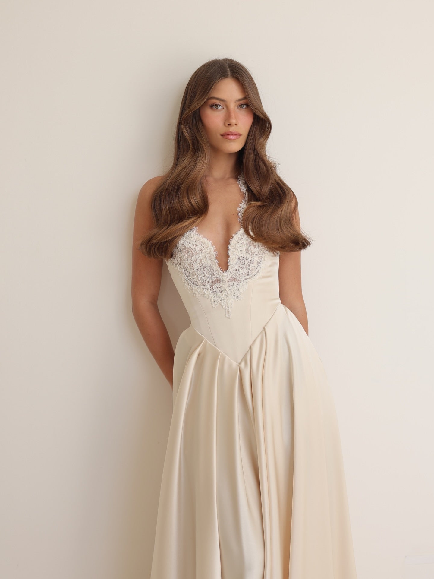 Halter Lace A Line Long Champagne Wedding Dress with Veil SW738 Sheer Fairy