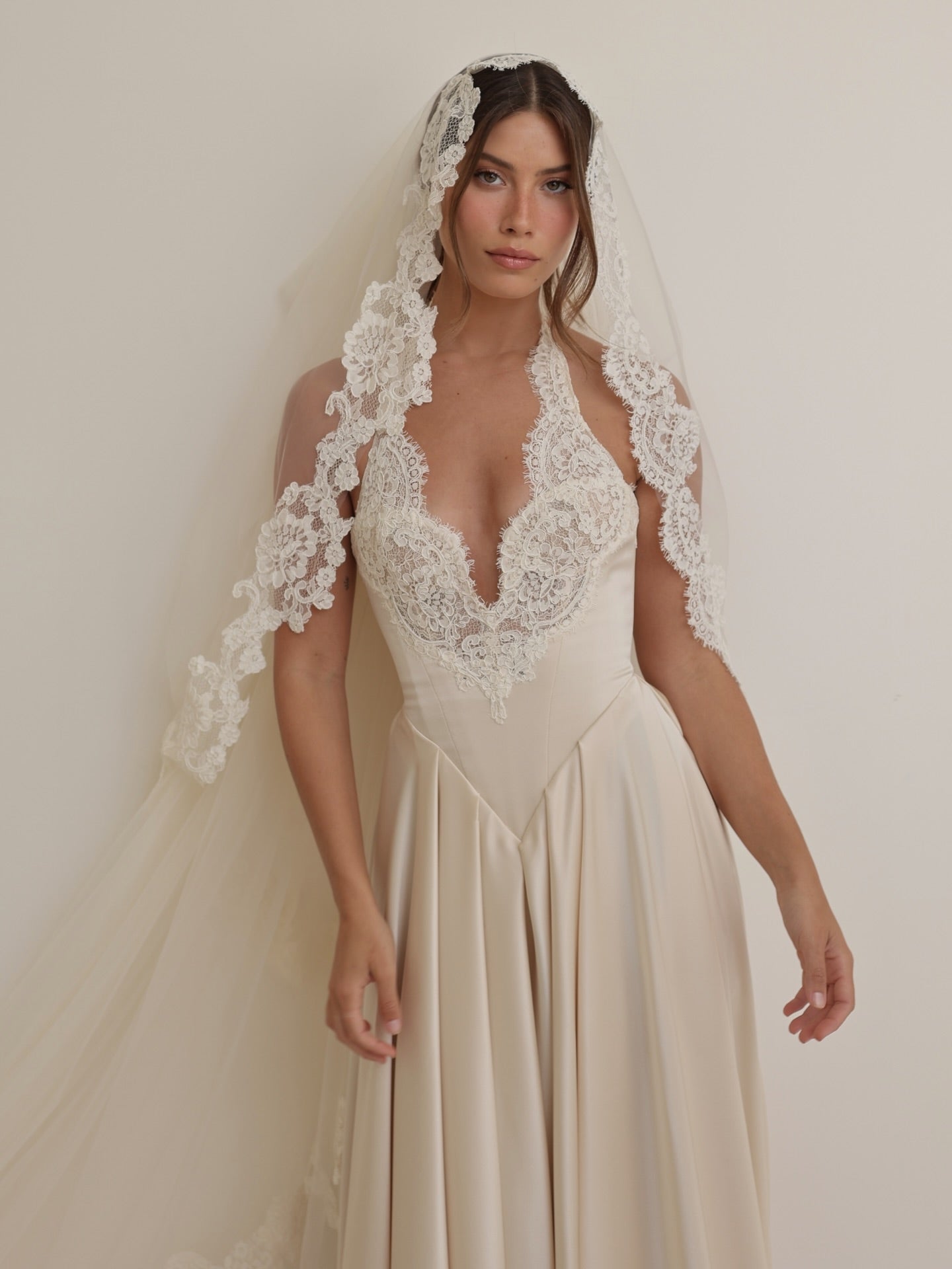 Halter Lace A Line Long Champagne Wedding Dress with Veil SW738 Sheer Fairy