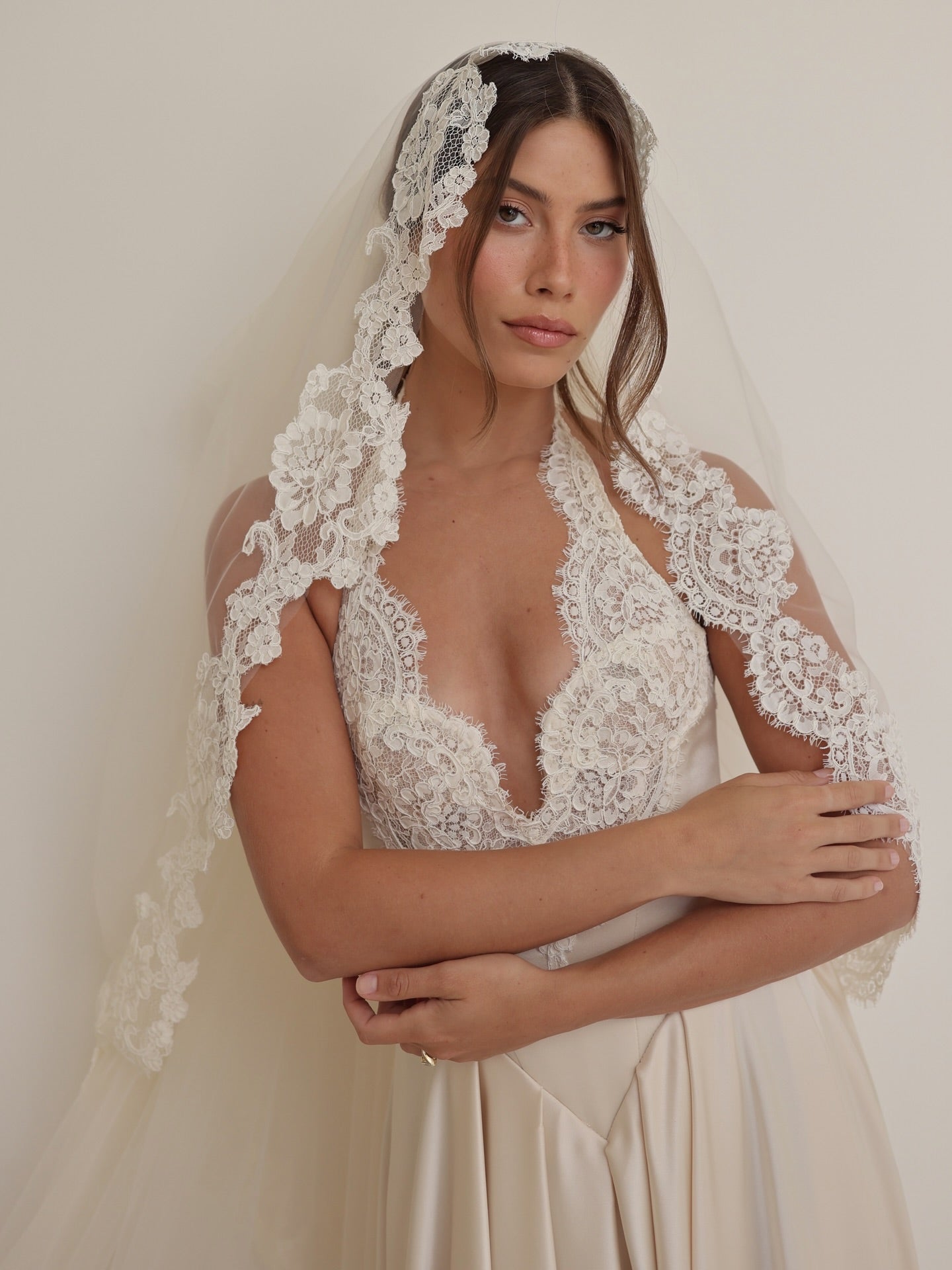 Halter Lace A Line Long Champagne Wedding Dress with Veil SW738 Sheer Fairy