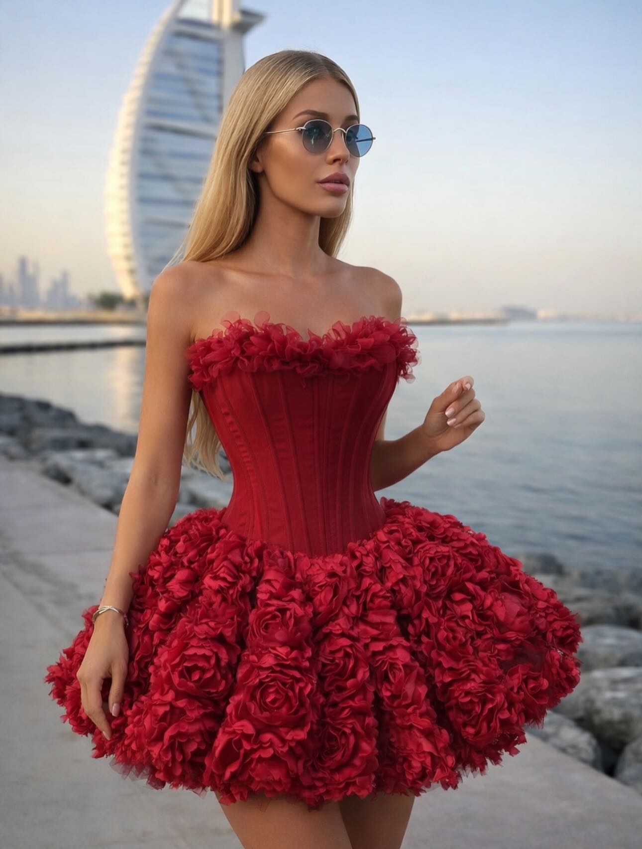 Red Strapless Corset 3D Flower Mini Short Homecoming Dress RM201 Sheer Fairy
