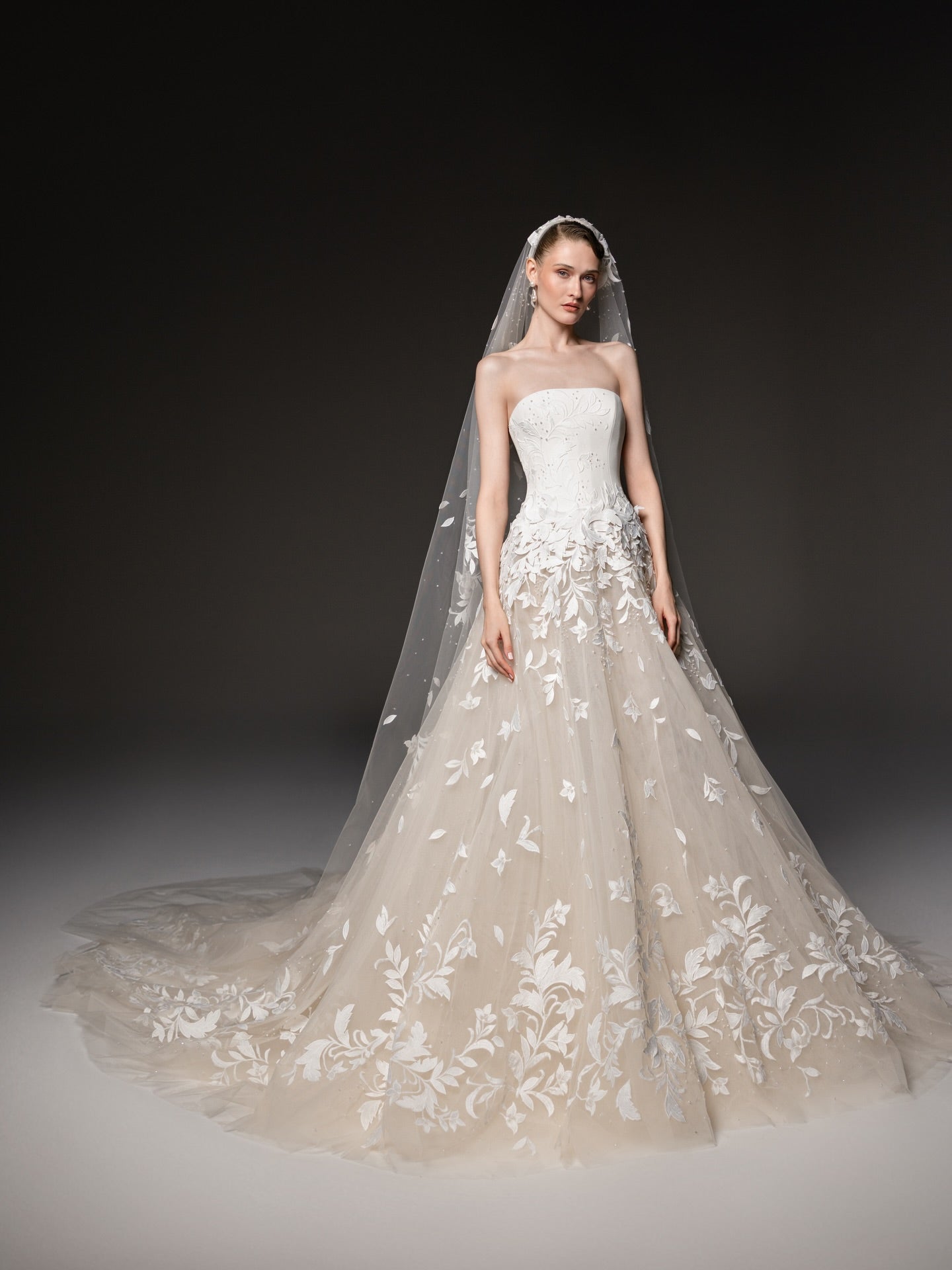 Romantic Floral Leaf Lace A-Line Champagne Wedding Dress with Cathedral Train & Veil SW665 Sheer Fairy