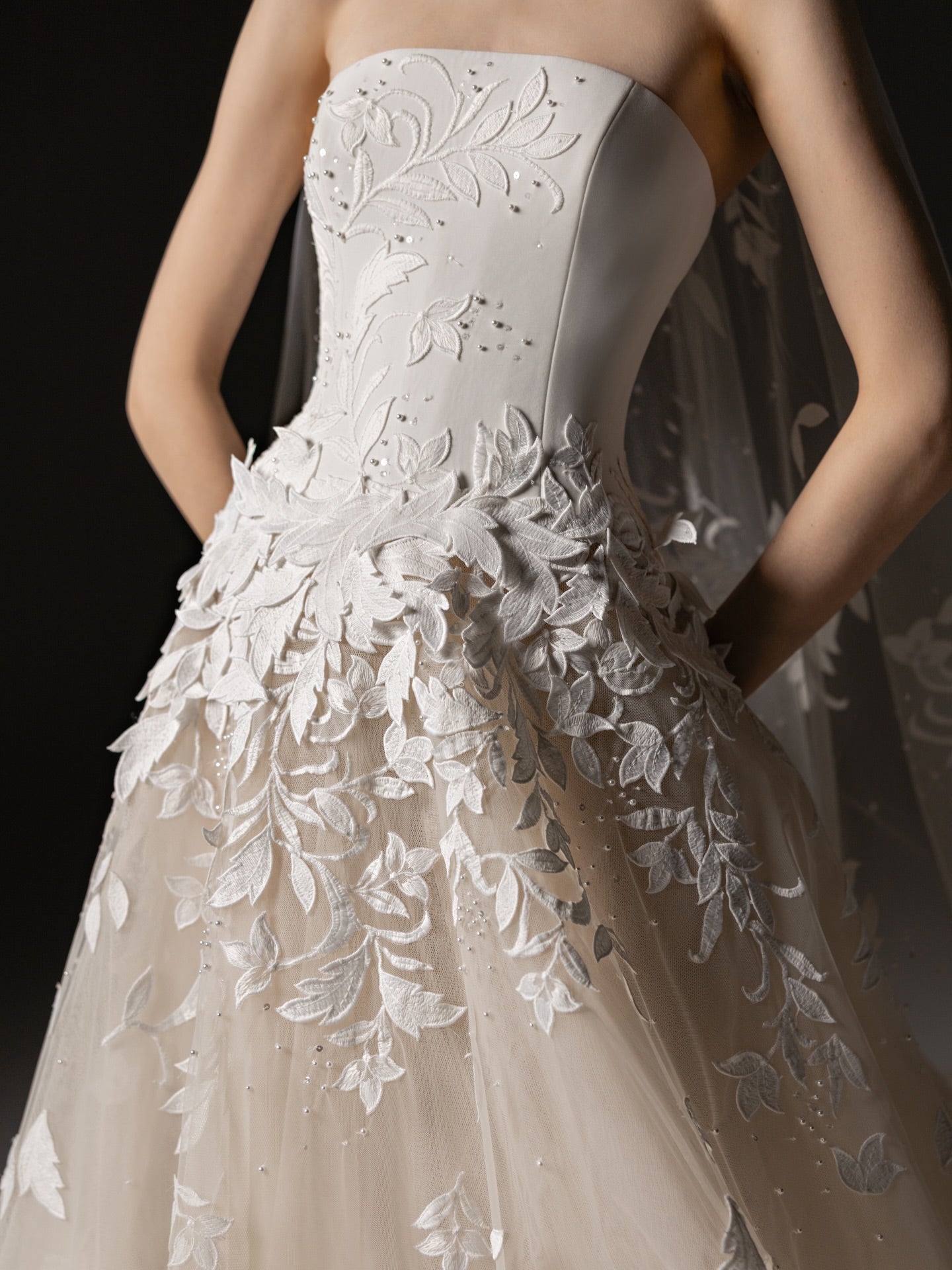 Romantic Floral Leaf Lace A-Line Champagne Wedding Dress with Cathedral Train & Veil SW665 Sheer Fairy