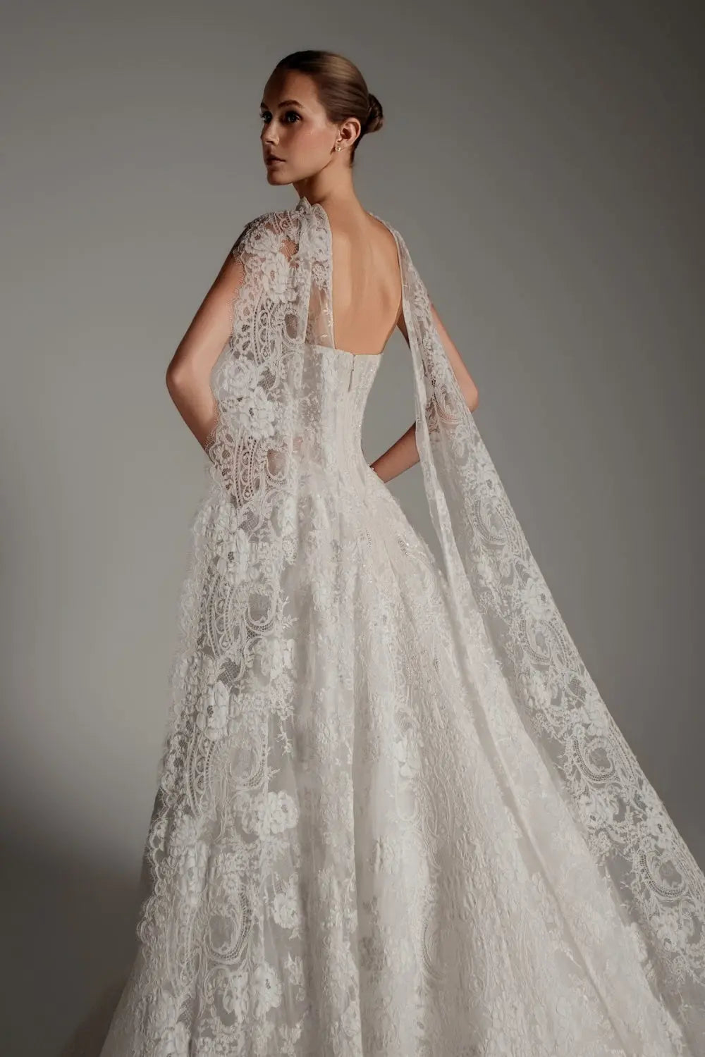 White Lace Ball Gown Sweetheart Wedding Dress with Detachable Capelet SW166 Sheer Fairy