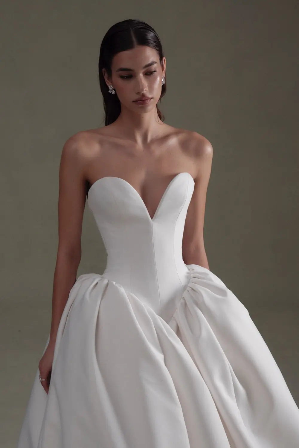Minimalist White Satin Ball Gown Strapless Wedding Dress SW595 Sheer Fairy