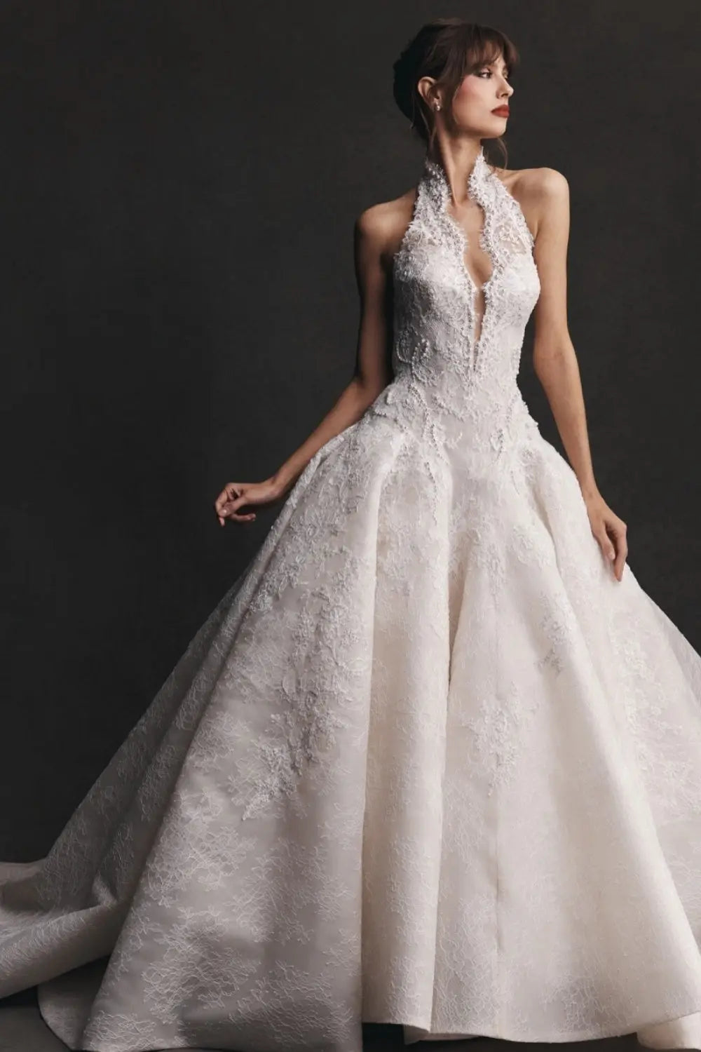 Luxury White Lace Halter Ball Gown Wedding Dress SW596 Sheer Fairy