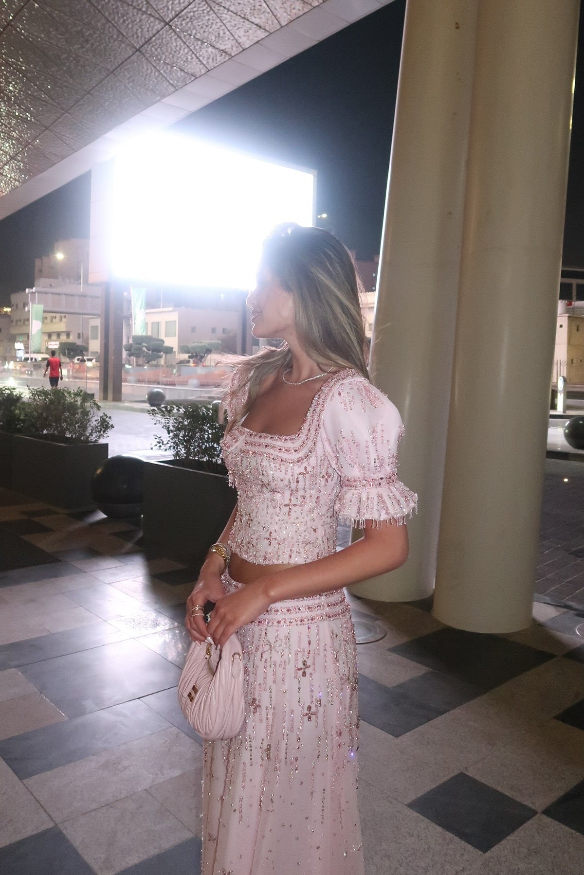 Pink Sequined Two-Piece Square Neck Puff Sleeve Mermaid Evening Dress SS548