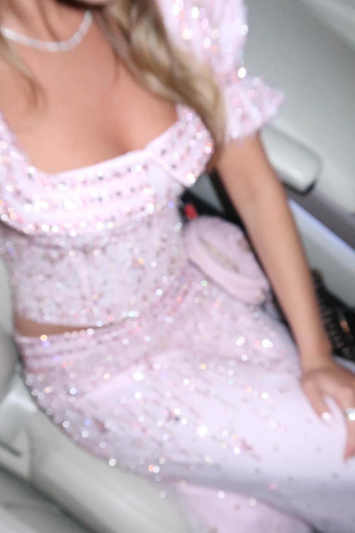 Pink Sequined Two-Piece Square Neck Puff Sleeve Mermaid Evening Dress SS548