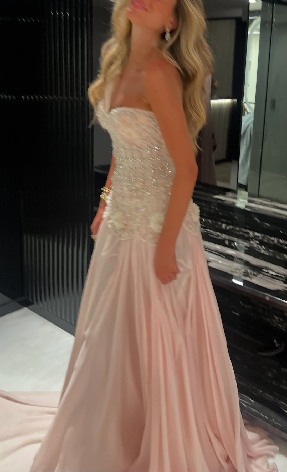Blush Pink One-Shoulder Beaded Chiffon Evening Dress Gown SS285 Sheer Fairy