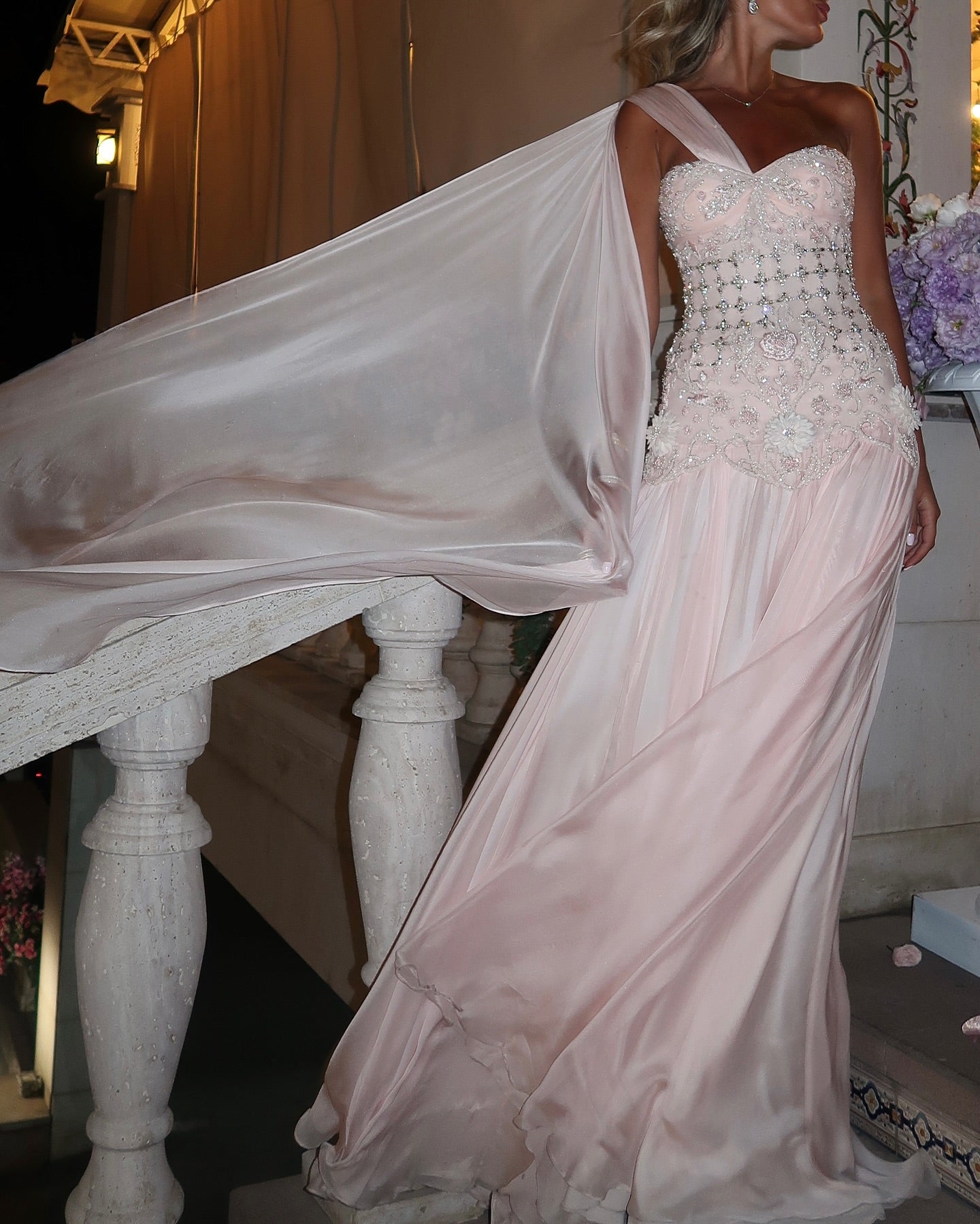 Blush Pink One-Shoulder Beaded Chiffon Evening Dress Gown SS285 Sheer Fairy