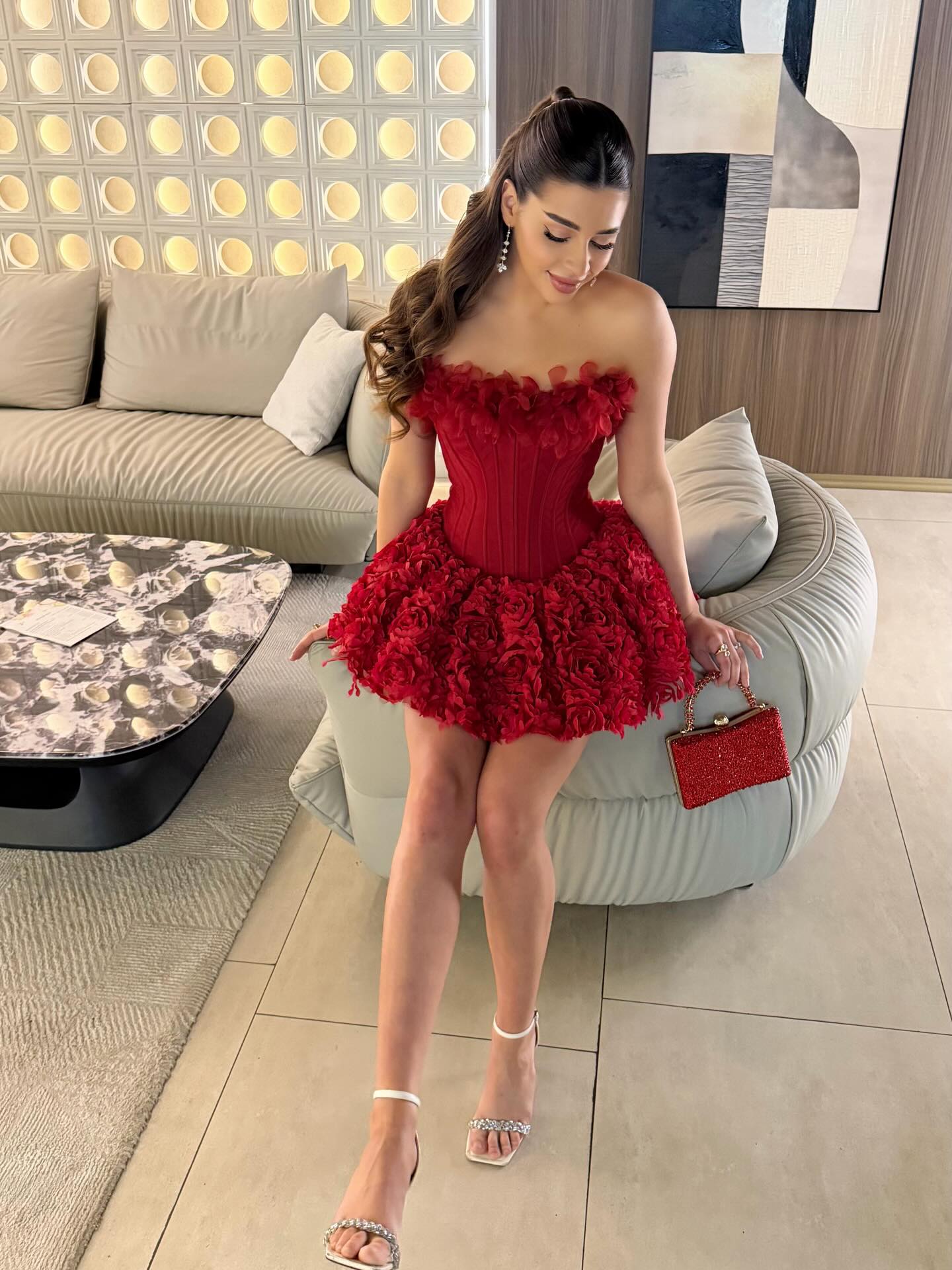 Red Strapless Corset 3D Flower Mini Short Homecoming Dress RM201 Sheer Fairy