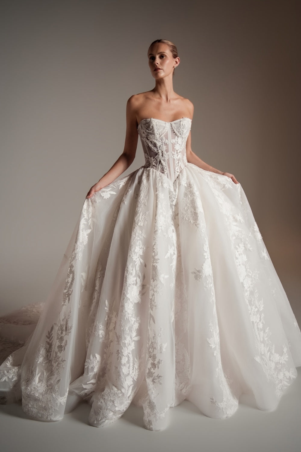 White Lace Ball Gown Strapless Wedding Dress with Cathedral Train SW169 Sheer Fairy