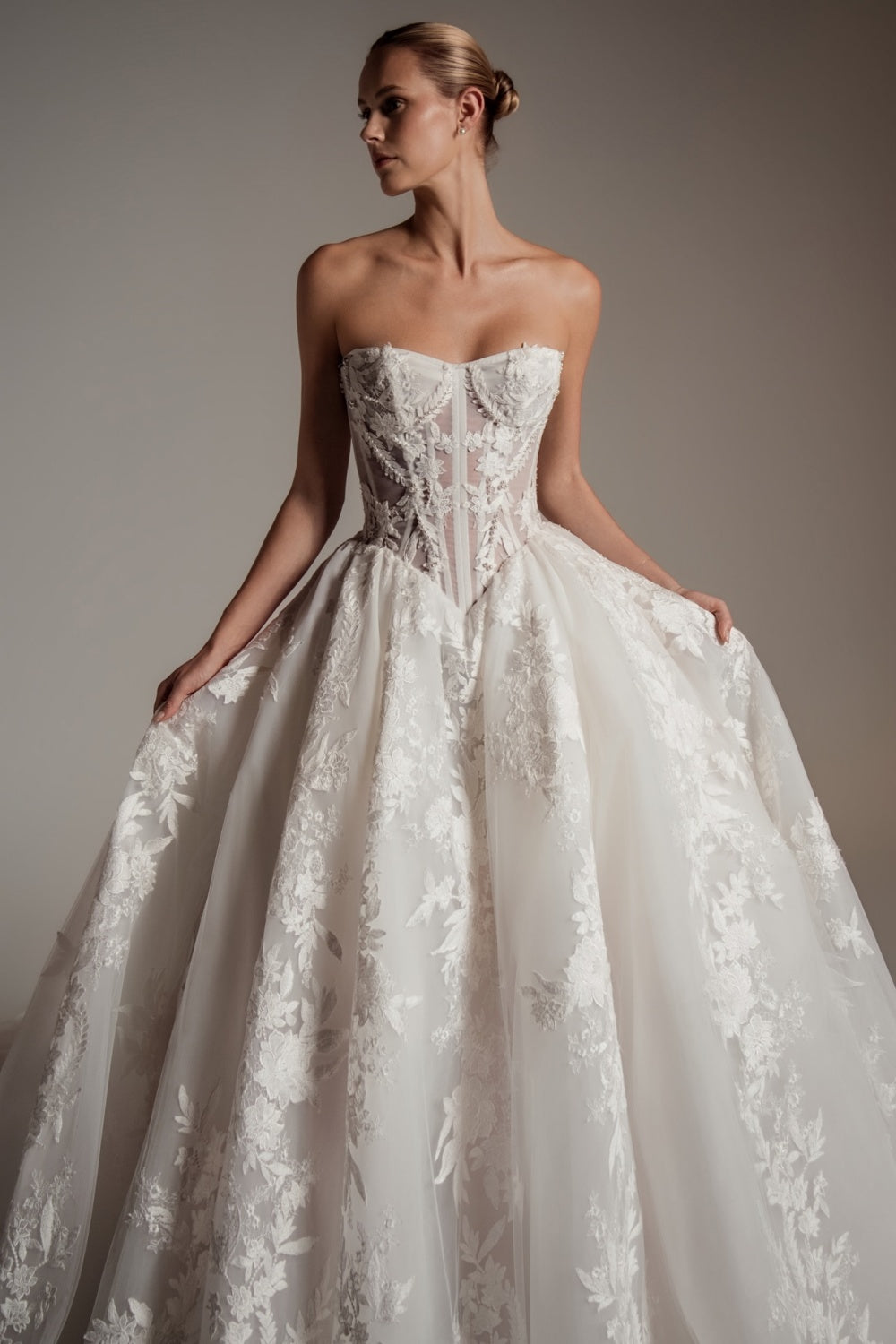 White Lace Ball Gown Strapless Wedding Dress with Cathedral Train SW169 Sheer Fairy