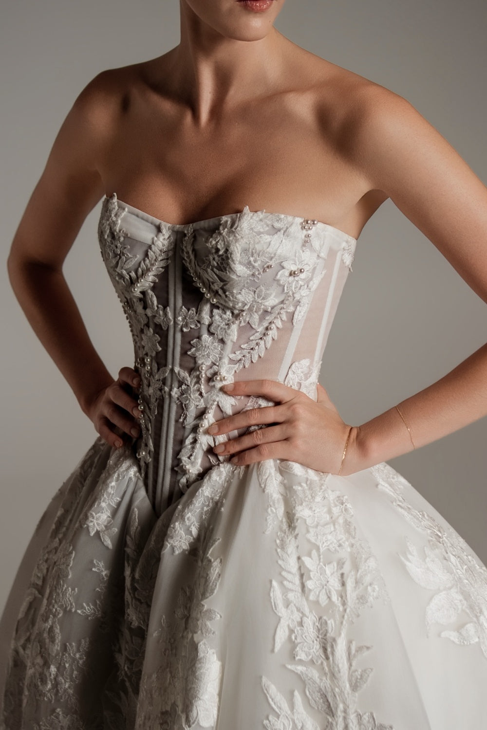 White Lace Ball Gown Strapless Wedding Dress with Cathedral Train SW169 Sheer Fairy