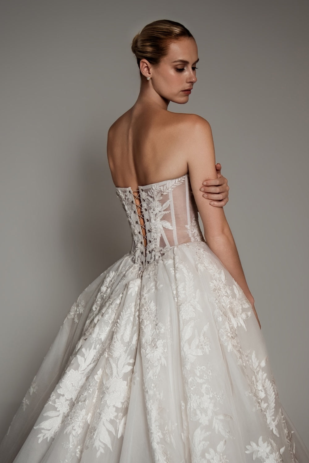 White Lace Ball Gown Strapless Wedding Dress with Cathedral Train SW169 Sheer Fairy