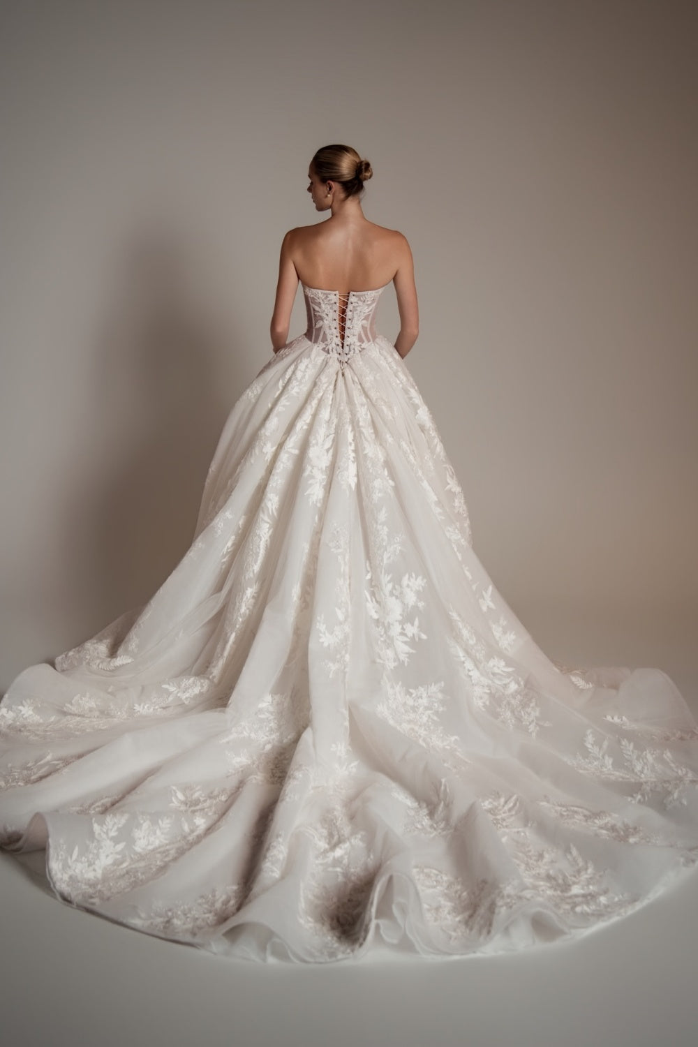 White Lace Ball Gown Strapless Wedding Dress with Cathedral Train SW169 Sheer Fairy