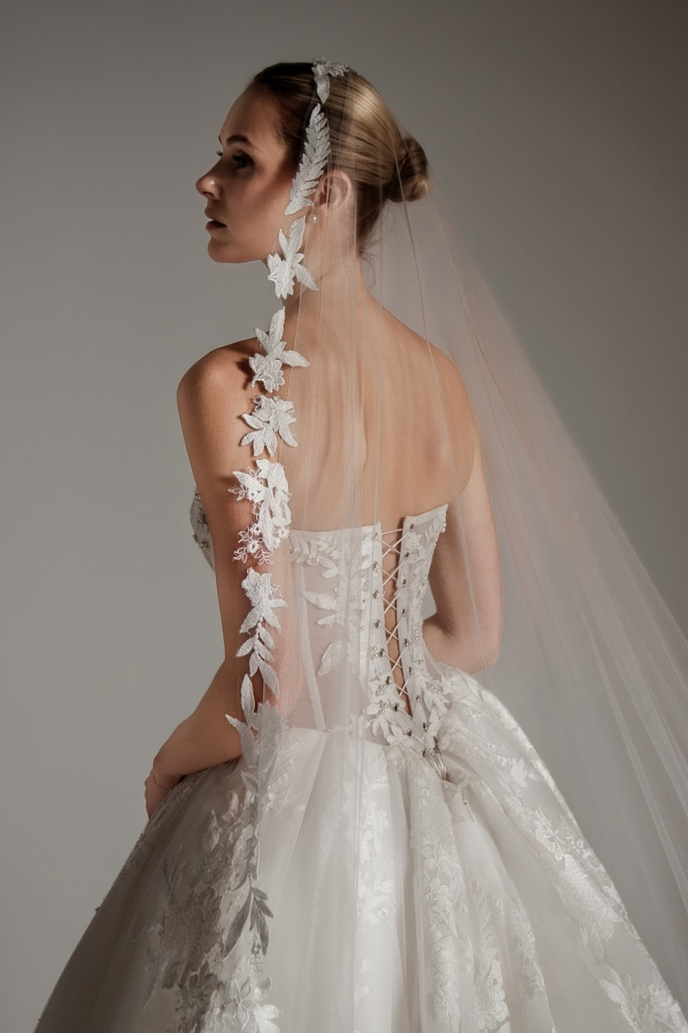 White Lace Ball Gown Strapless Wedding Dress with Cathedral Train SW169 Sheer Fairy