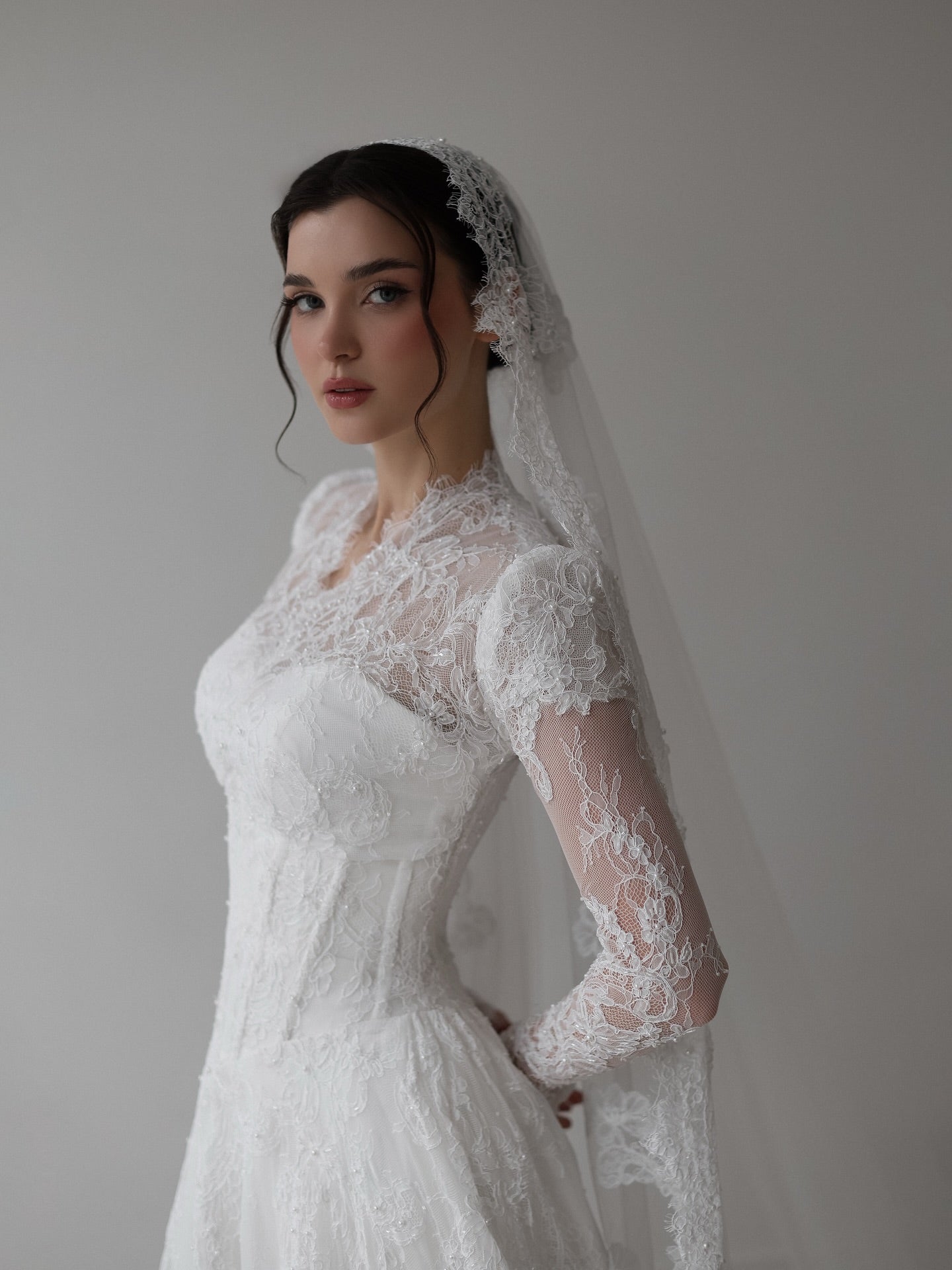 Vintage Long Sleeve Lace Wedding Dress with Veil SW273 Sheer Fairy