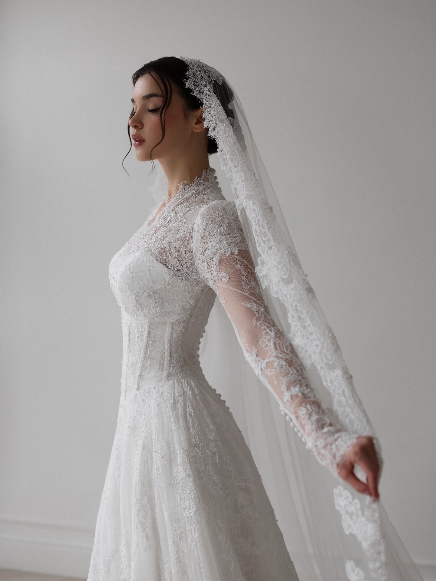 Vintage Long Sleeve Lace Wedding Dress with Veil SW273 Sheer Fairy