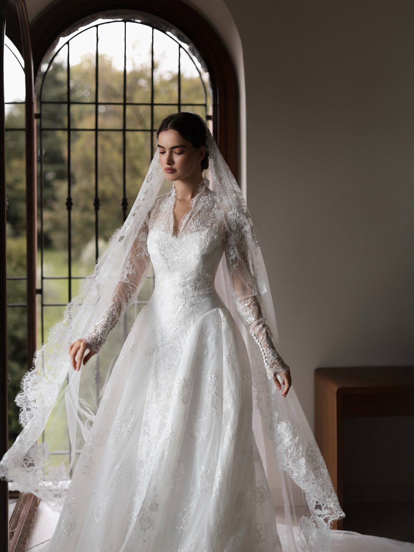 V Neck Long Sleeve Lace Vintage Wedding Dress with Veil  SW278 Sheer Fairy