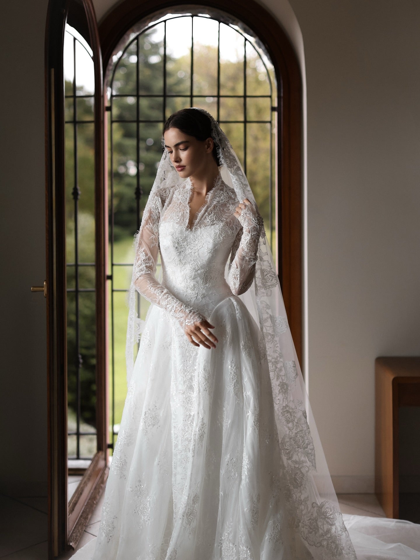 V Neck Long Sleeve Lace Vintage Wedding Dress with Veil  SW278 Sheer Fairy