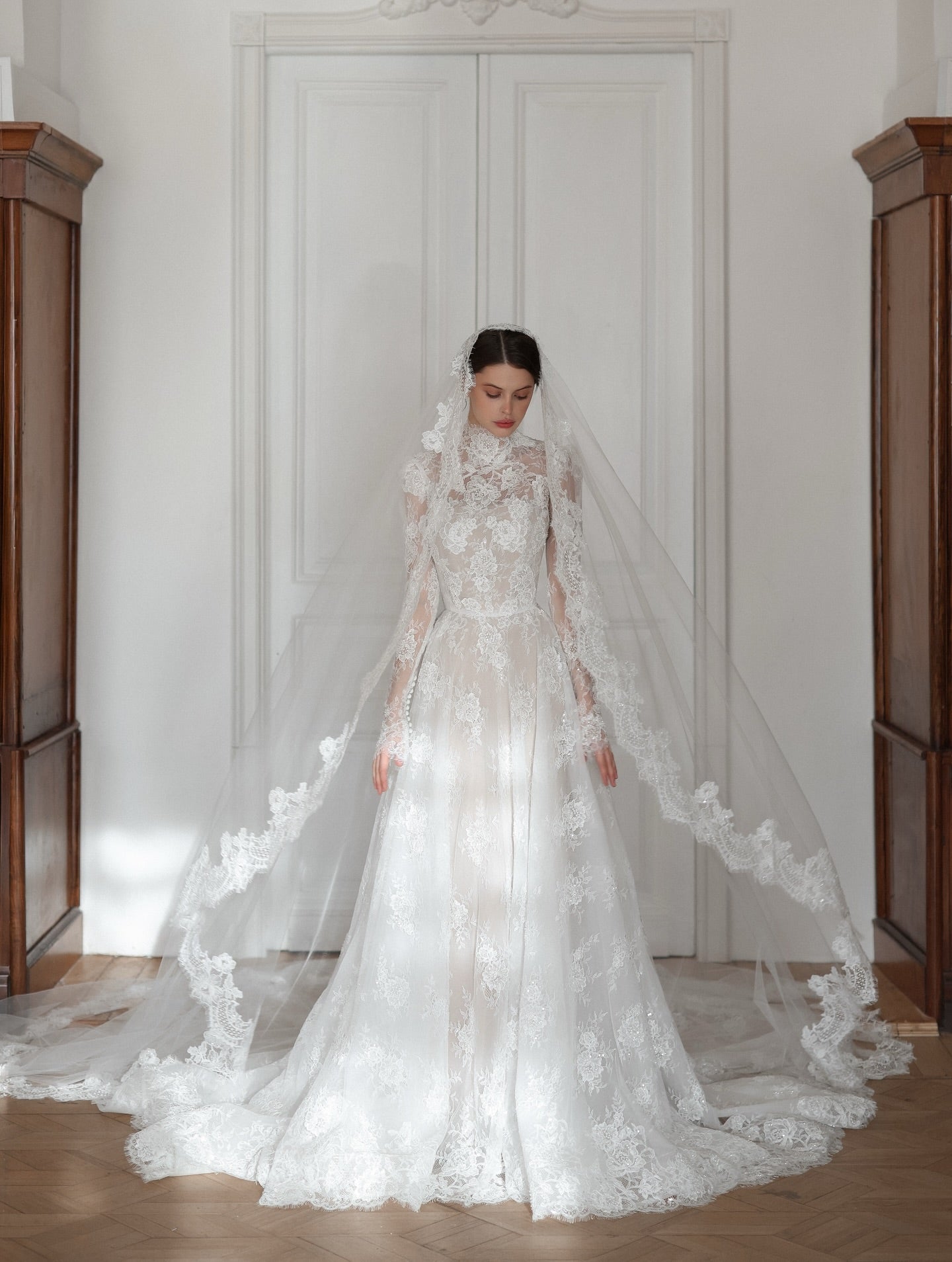 Elegant High Neck Lace Long Sleeve Wedding Dress with Veil  SW277 Sheer Fairy