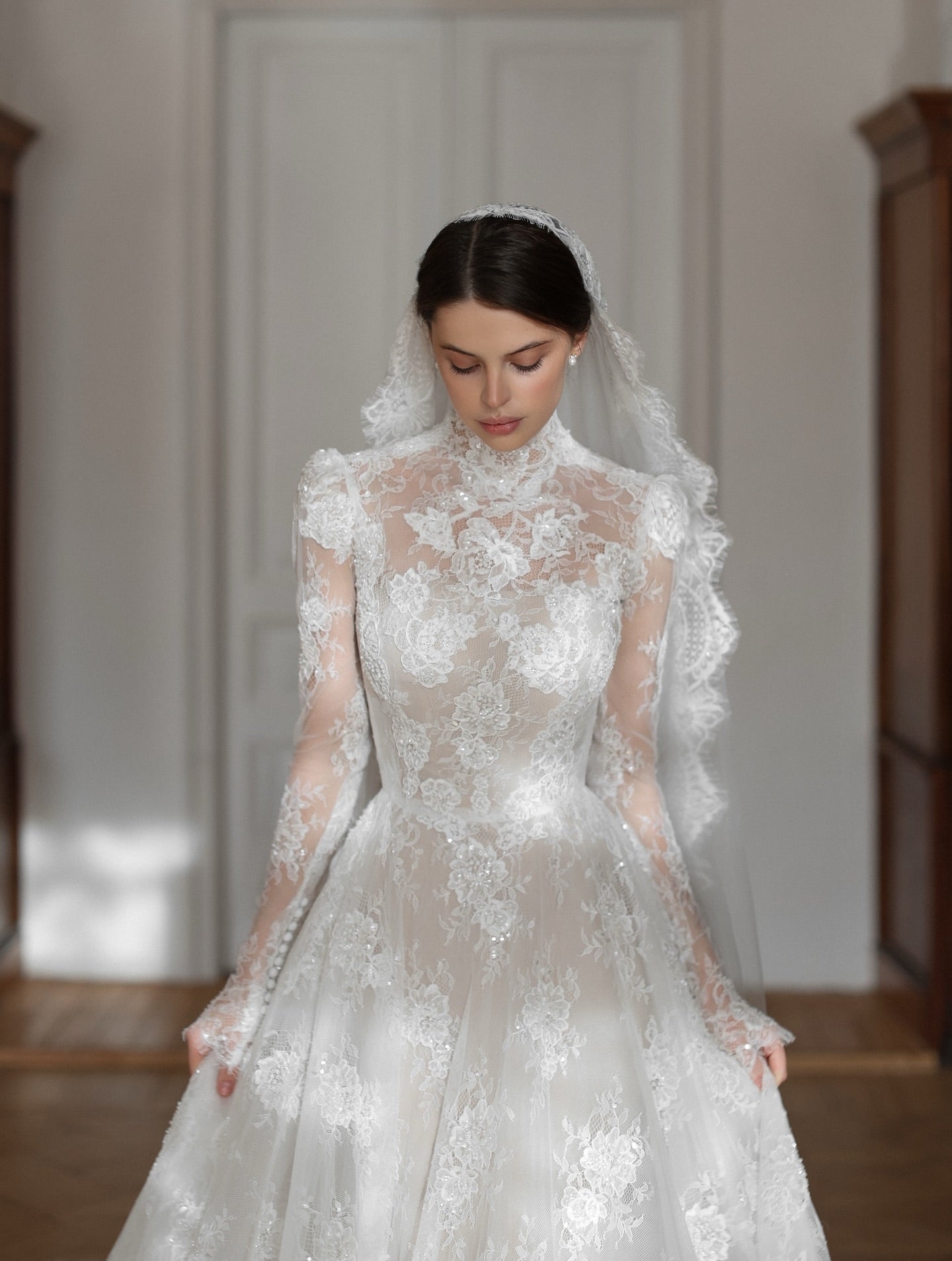 Elegant High Neck Lace Long Sleeve Wedding Dress with Veil  SW277 Sheer Fairy