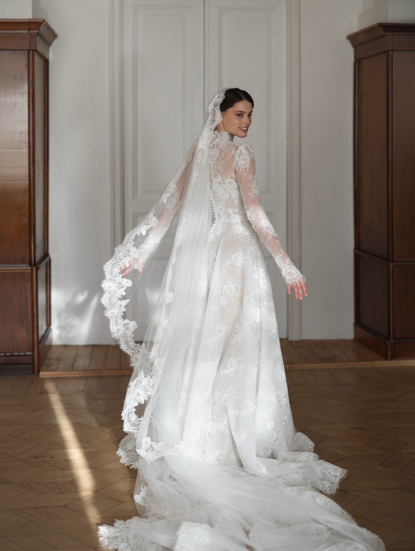 Elegant High Neck Lace Long Sleeve Wedding Dress with Veil  SW277 Sheer Fairy