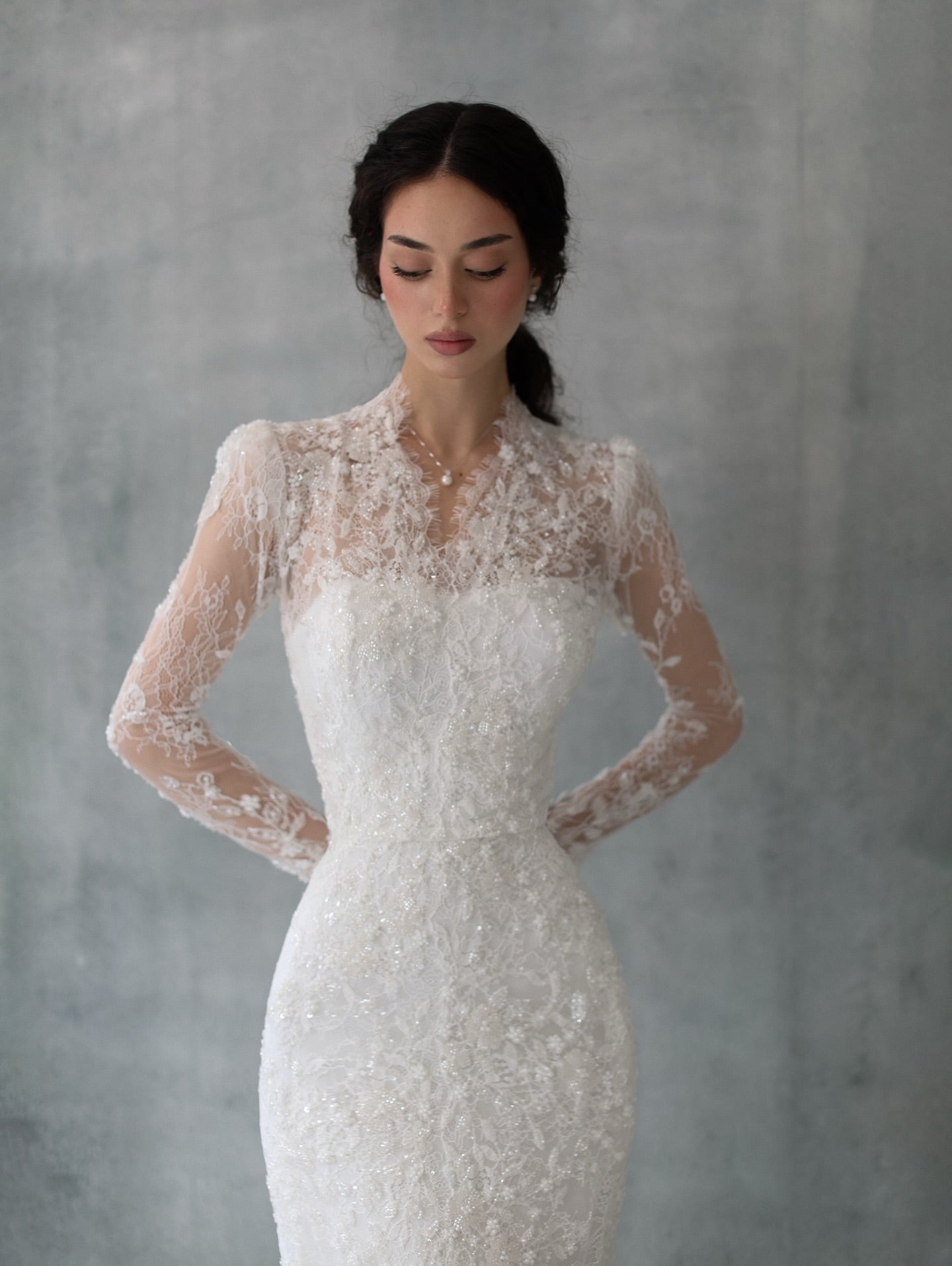 Elegant V Neck Mermaid Lace Beaded Wedding Dress with Long Sleeve SW274 Sheer Fairy