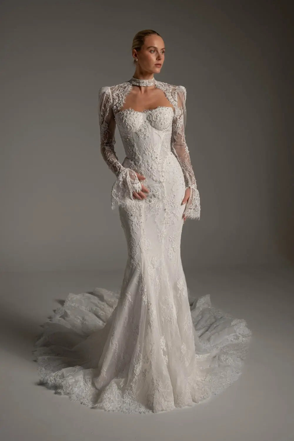 White Lace High Neck Long Sleeve Mermaid Wedding Dress SW164 Sheer Fairy