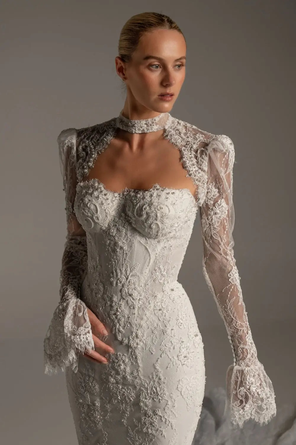 White Lace High Neck Long Sleeve Mermaid Wedding Dress SW164 Sheer Fairy